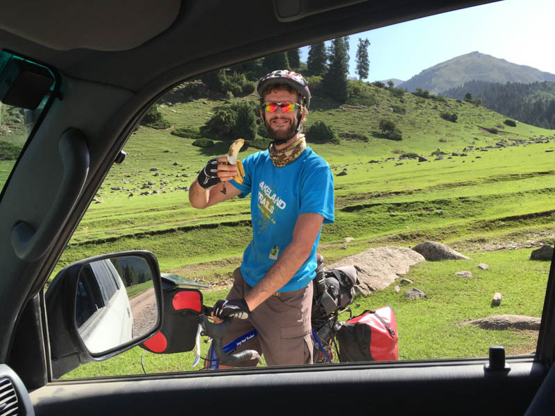Bumped into Mike again on the side of the road. He had been living off Snickers bars for a few days so we gave him some fruit.