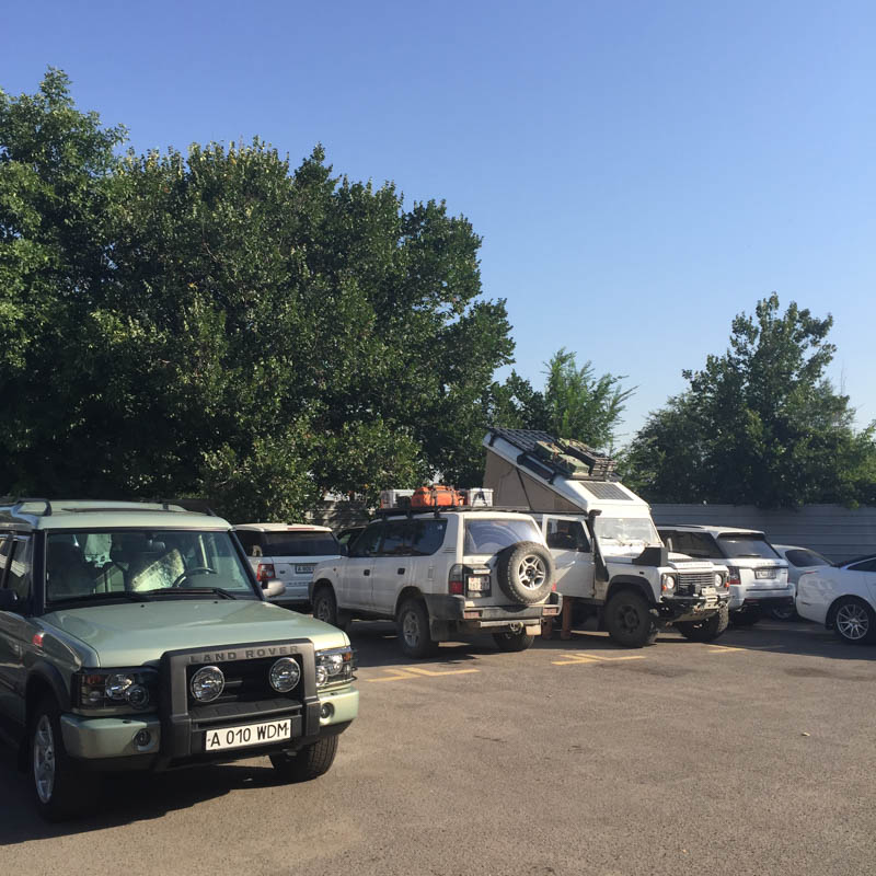 Camping in the Land Rover dealer parking lot in Almaty
