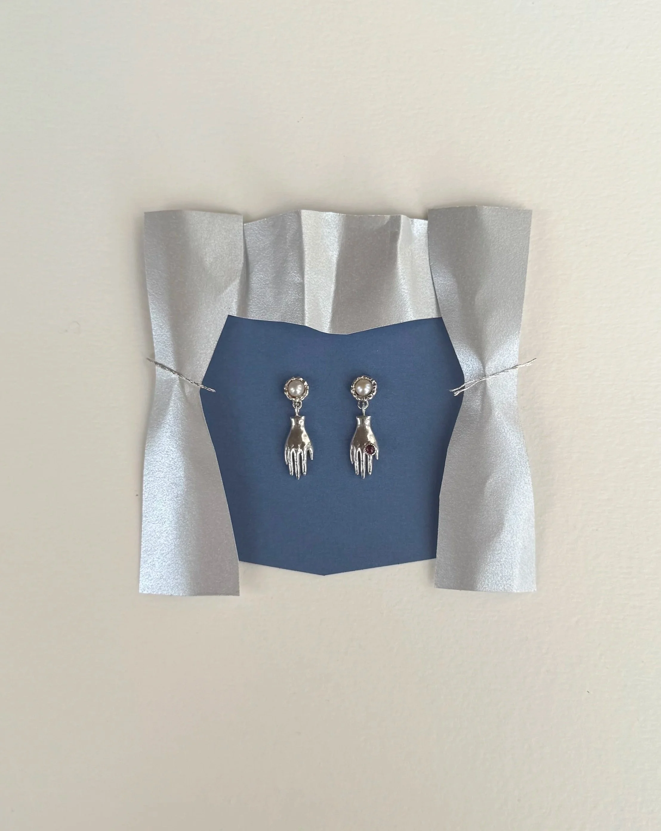 Silver dangle hand earrings with freshwater pearls