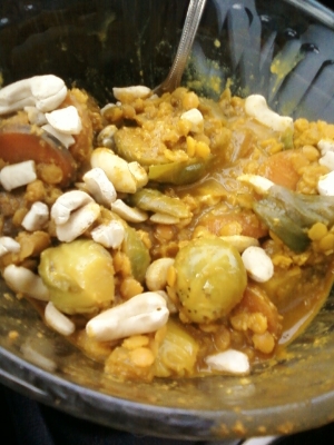 Ethiopian carrots and Brussels Sprouts: First cook up a pot of red lentils (keep them firm, not mushy), then saute' up some onions, carrot coins, and Brussels sprouts in butter. Add in some mild curry powder to the veggies, mix in the cooked lentils, and toss with some cashews. Yummy, easy, seasonal dinner! Serve with a side of whole grain pita bread, warmed and slathered with butter, and a dish of local yogurt.