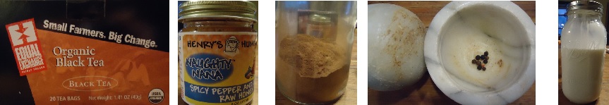 Black tea of the organic nature, spicy / raw honey, chai spices, peppercorns, local / raw goat's milk.