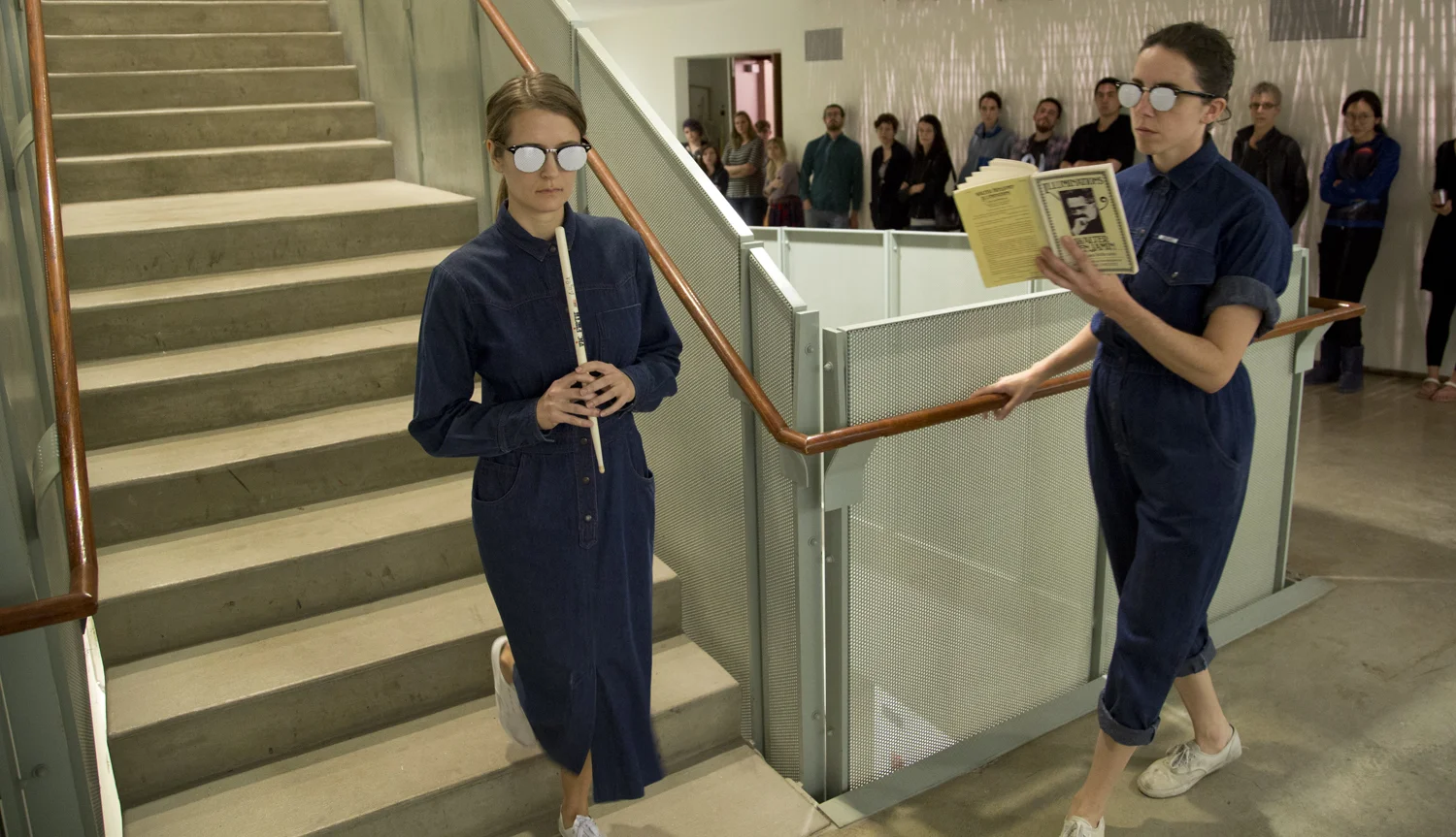  performance series [in collaboration with   Margaret Hull     🔗]  vocalization of text [  Walter Benjamin, The Image of Proust     🔗 pp. 202-3] bouncy balls, drumstick, one-way glasses, attire.  *************************  A call and response perfo