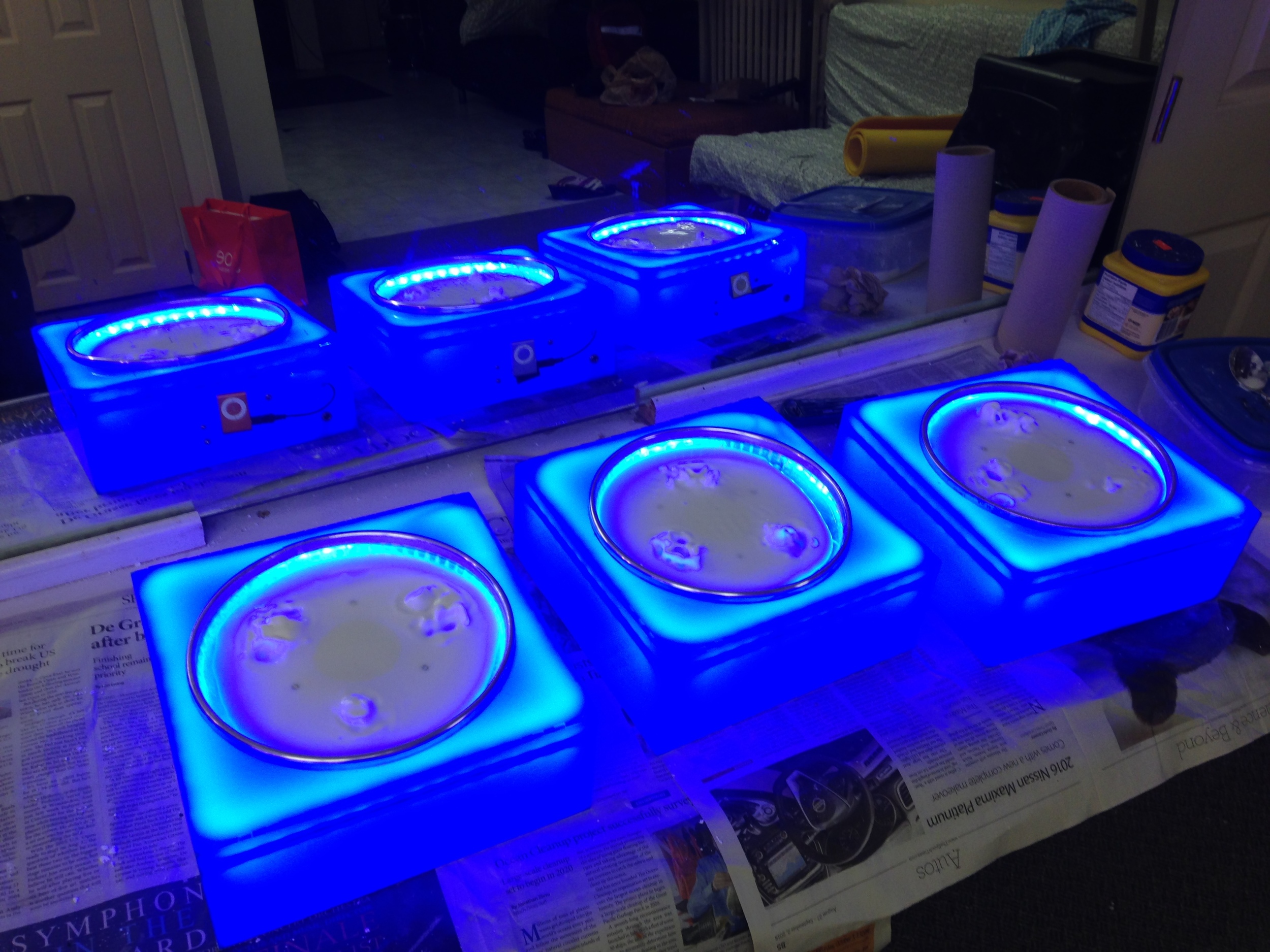 Backstage testing the portable cymatic ooblek machines at the Winchester Theatre, Toronto, Ontario
