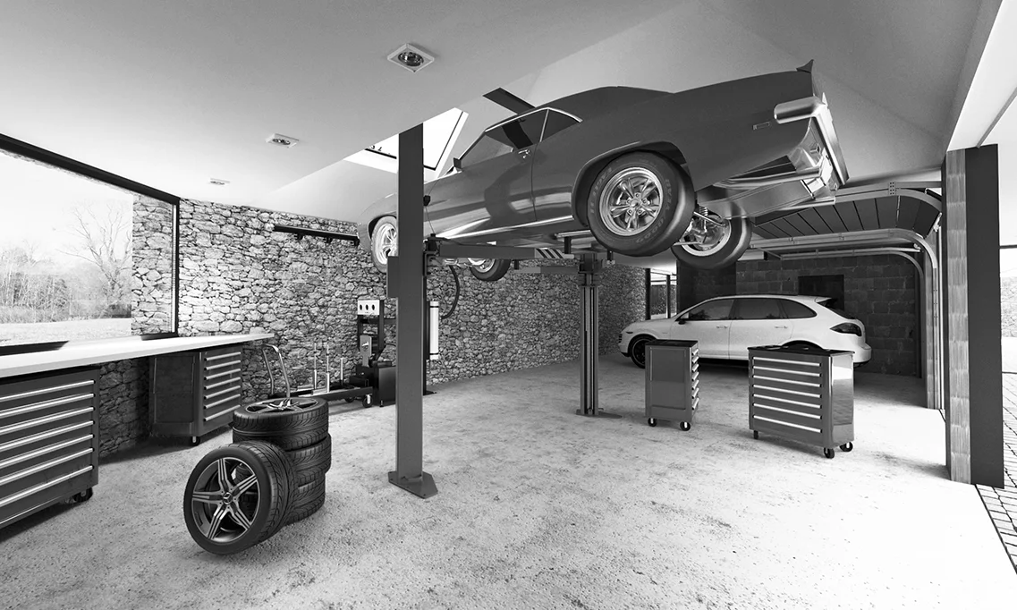 Inside garage with car-lift and work bench