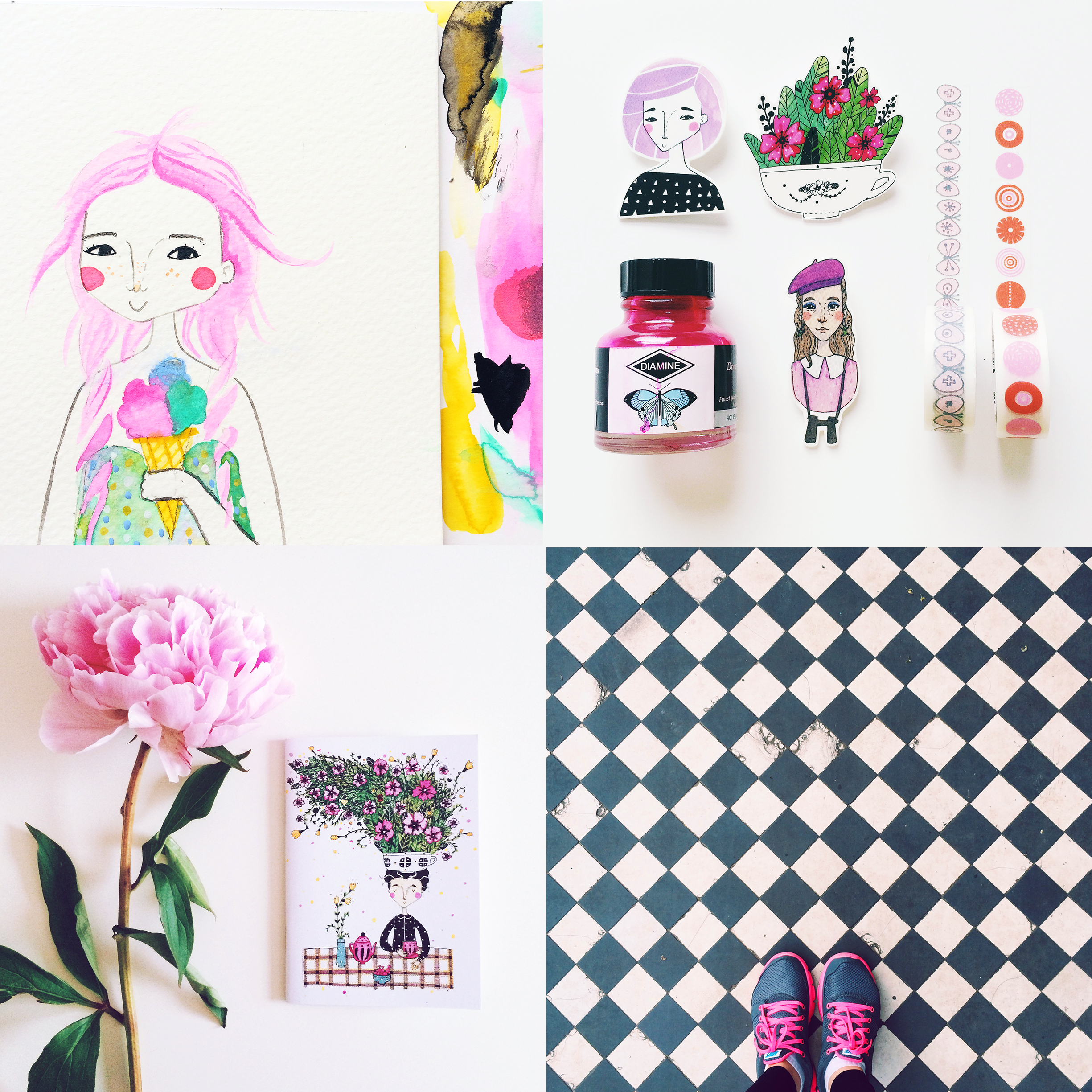 Candy floss hair girl + ice cream * Pink neatly organised objects Peonies and floral notebook * Pink trainers on my way to the gym 