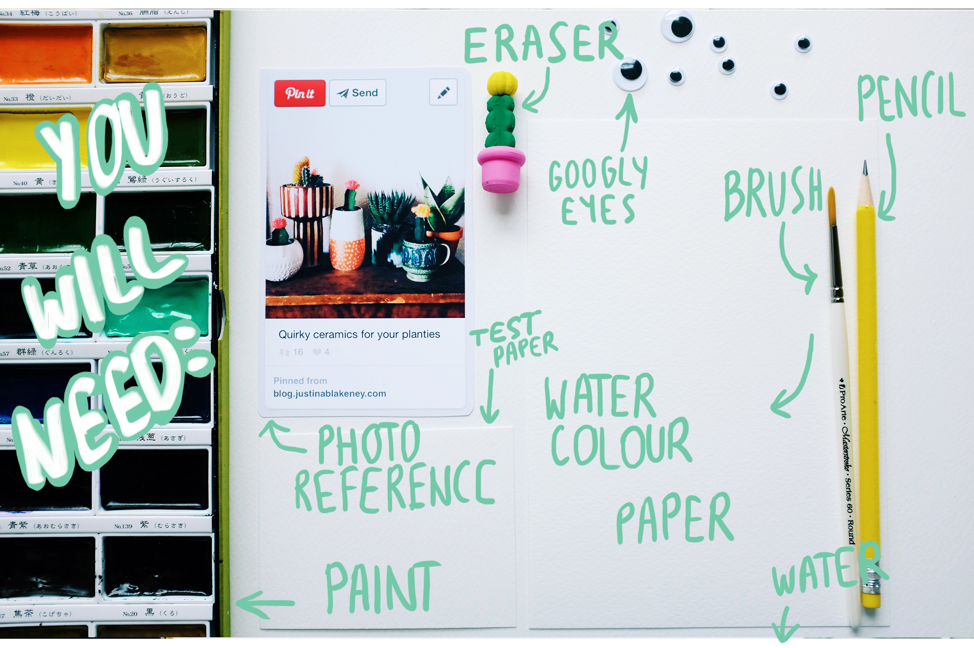You will need: Inspiration (photo or your own plant), pencil, eraser, paint, brush, paper, water.