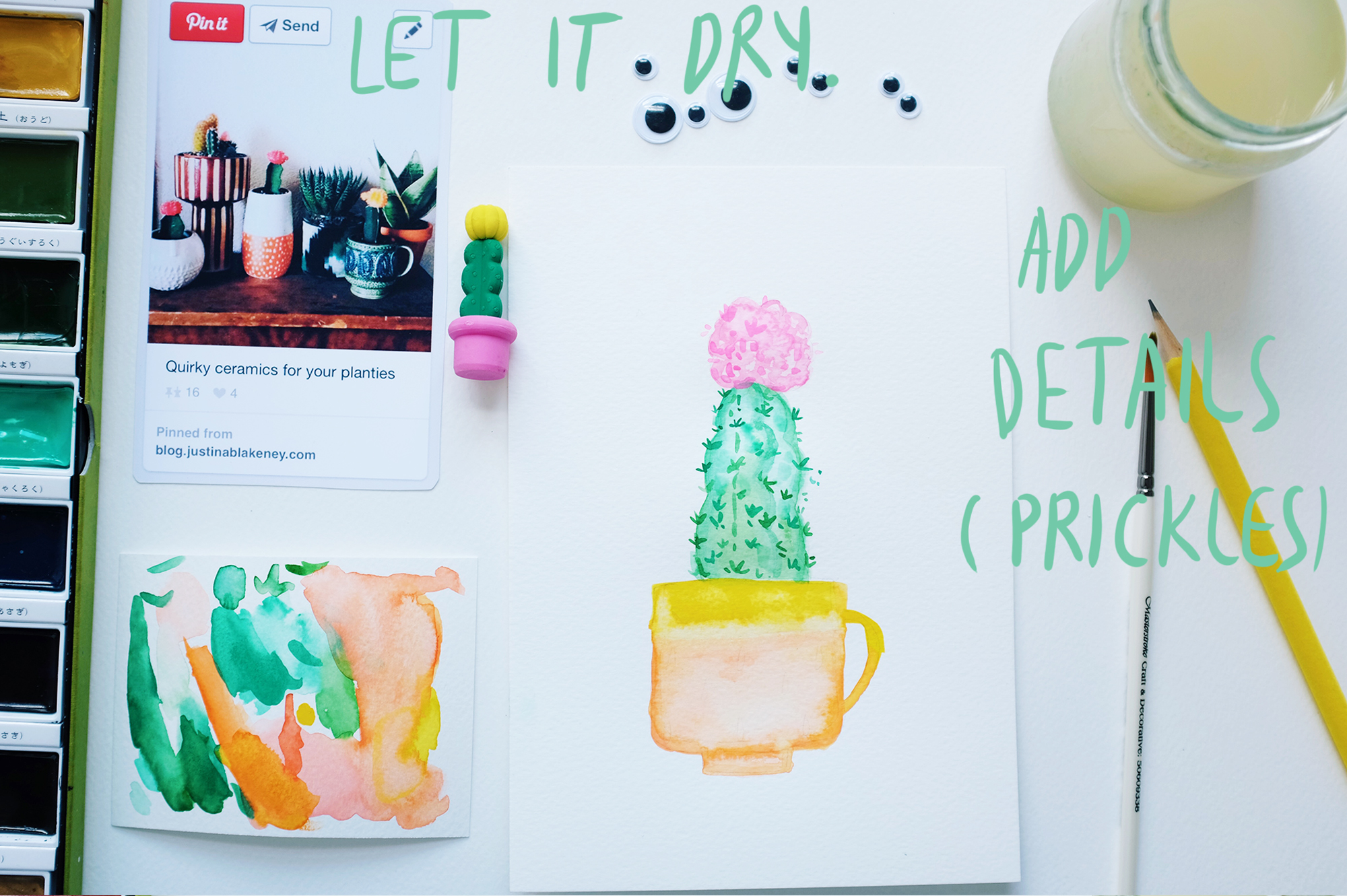 When the paint dried - add details for defined look, if you want more unpredictable and flowy result, add darker colours when your paper is still wet.
