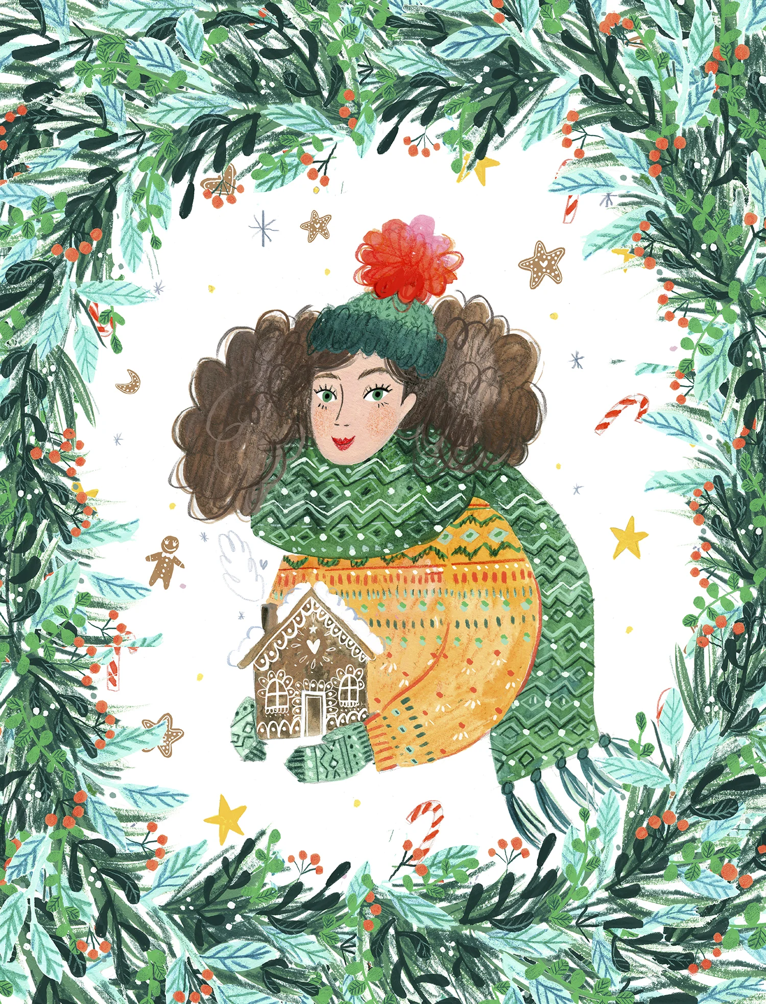 girl with gingerbread house and christmas wreath.jpg