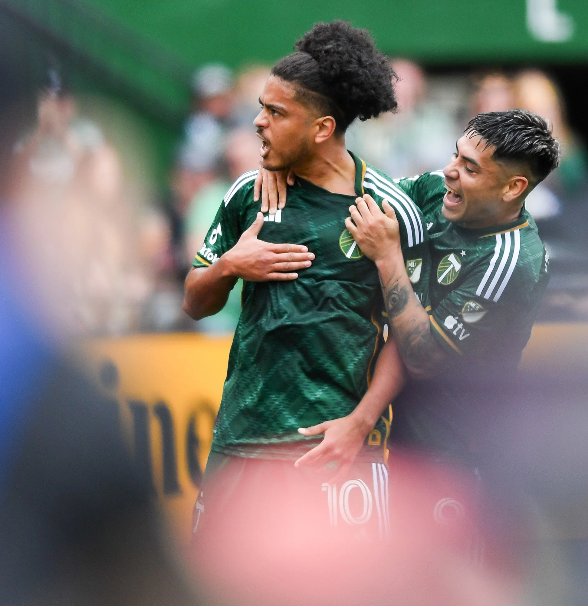   2024 NPPA Monthly News Clip Contest 3rd Place   Portland Timbers midfielder Evander (10) celebrates his goal with forward Felipe Mora Saturday, April 13, 2024, during the Timbers’ 2-2 draw against Los Angeles FC at Providence Park in Portland. 