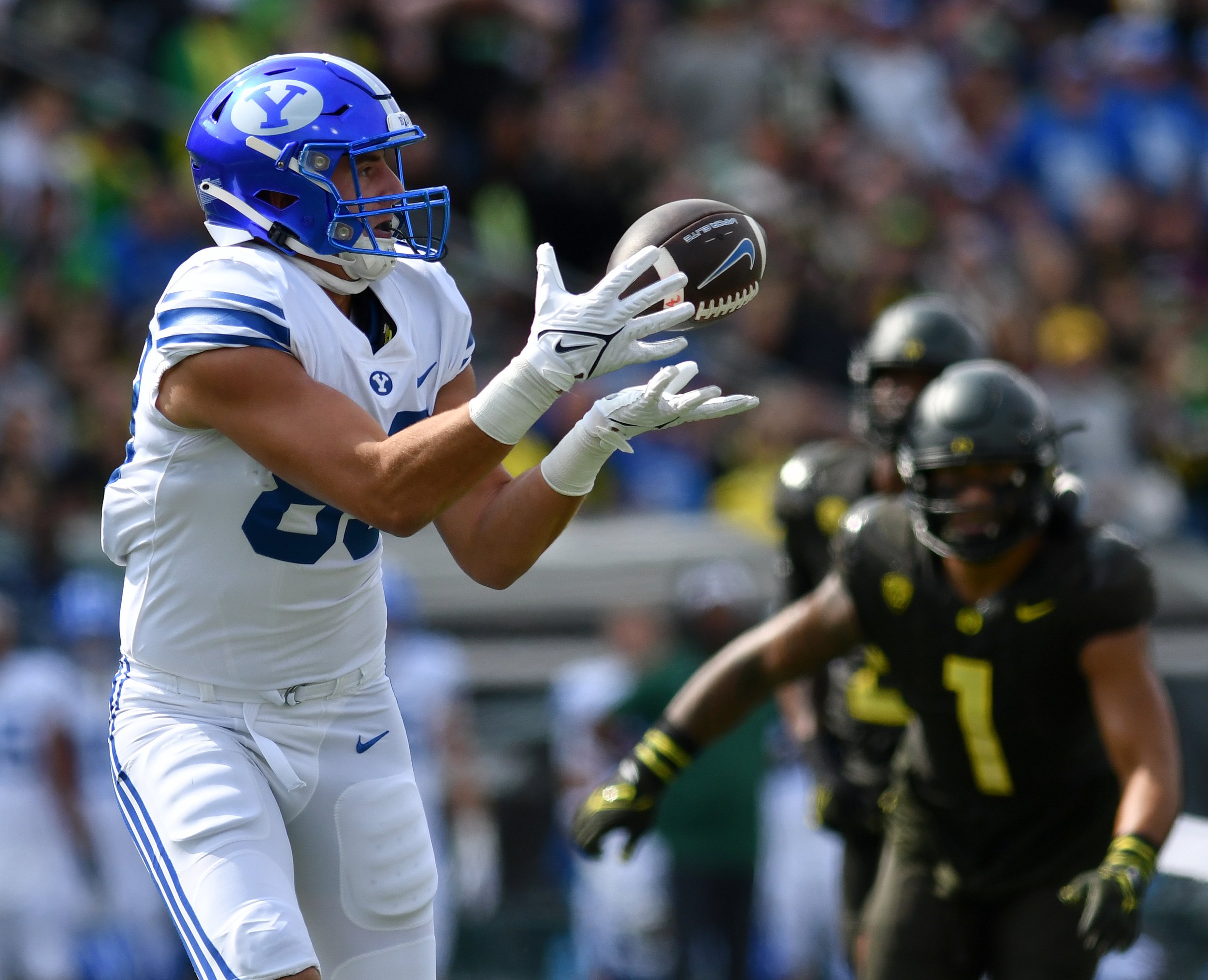  BYU’s Isaac Rex catches a long pass for a touchdown Saturday, Sept. 17, 2022, during Oregon’s 41-20 win against BYU at Autzen Stadium in Eugene, Ore. 
