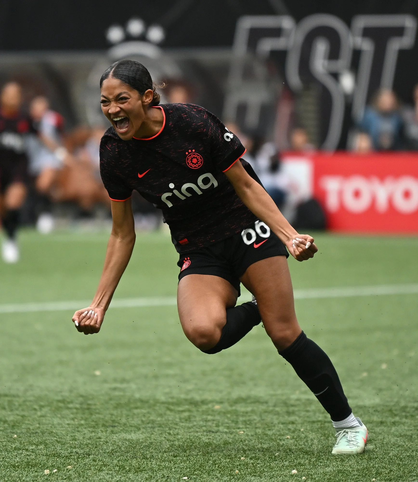 Portland forward Reilyn Turner (66) celebrates a goal Sunday, April 27, 2025, during the Thorns’ 3-3 draw with Racing Louisville FC at Providence Park in Portland.