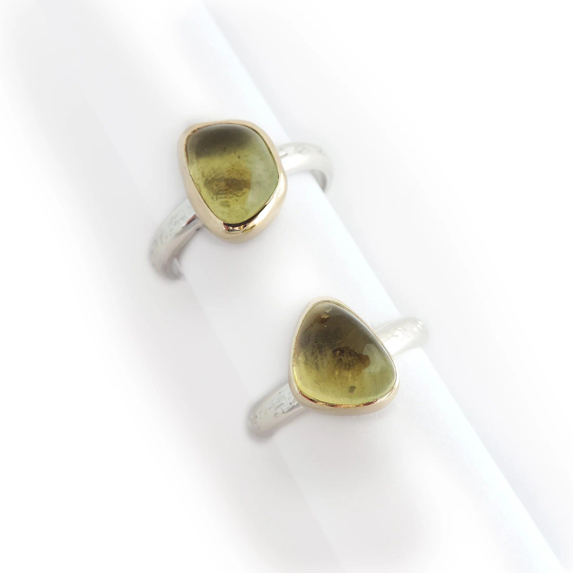 Lemon Quartz organic cabochons in 14k yellow gold. Size 5 and 6.5