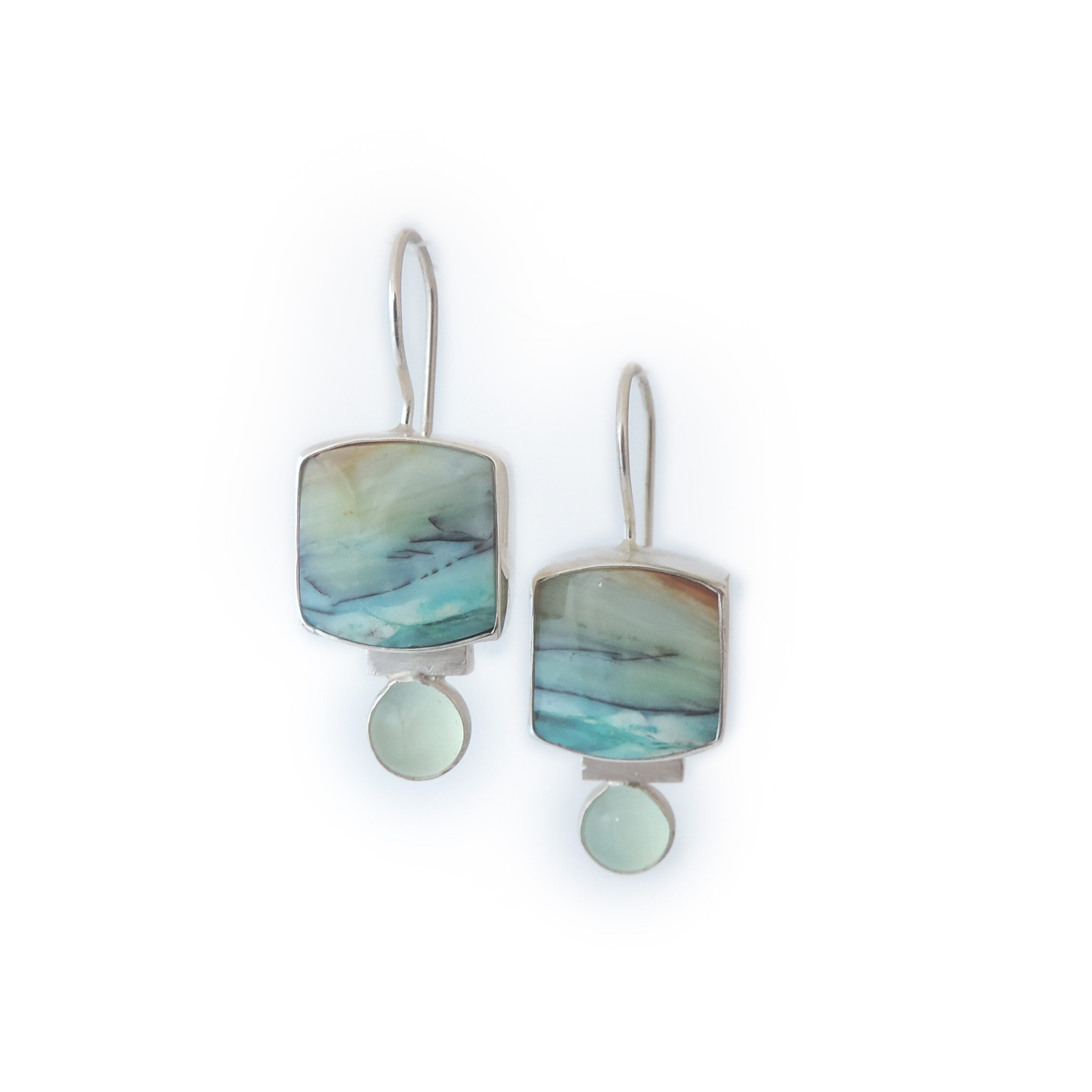 Opalized wood and chalcedony drop earrings
