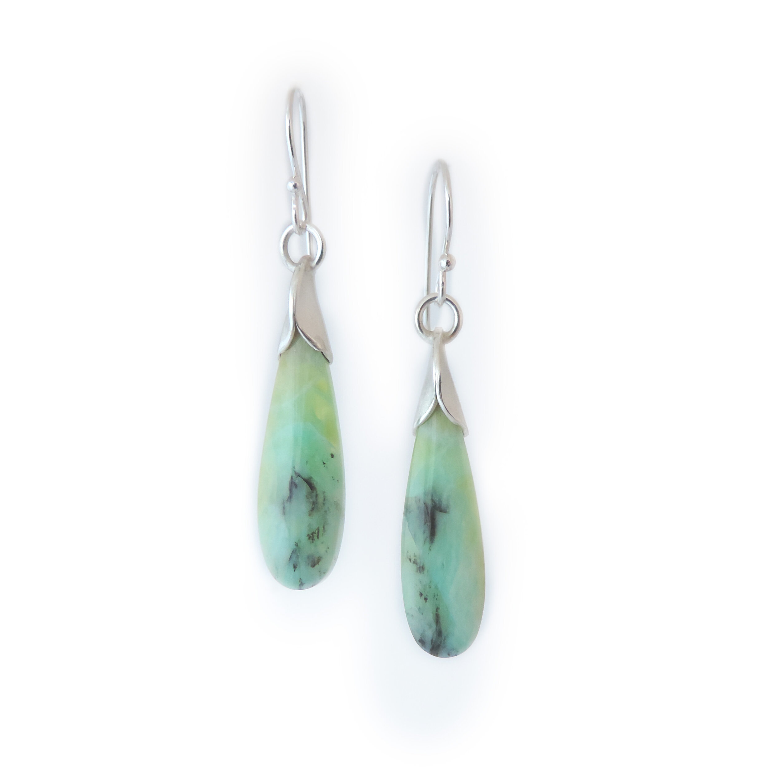 Narrow opalized wood teardrop earrings