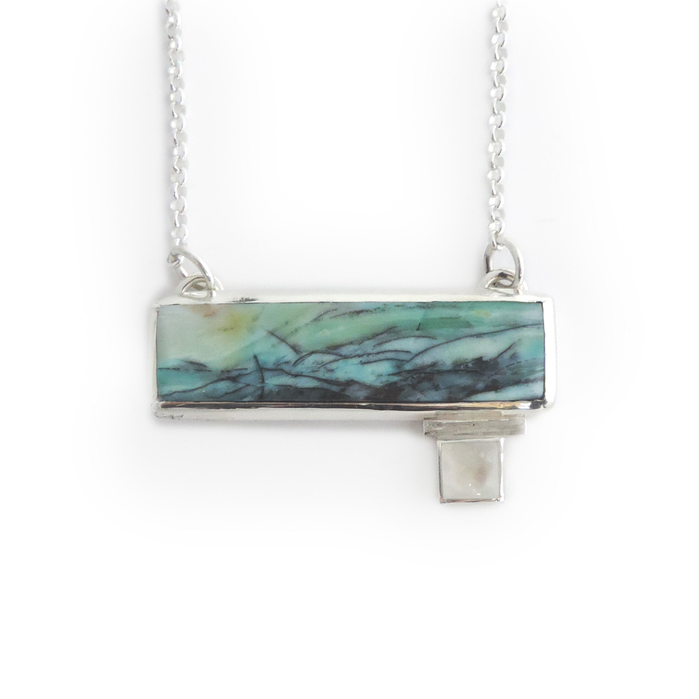 Opalized wood horizontal pendant with rainbow moonstone