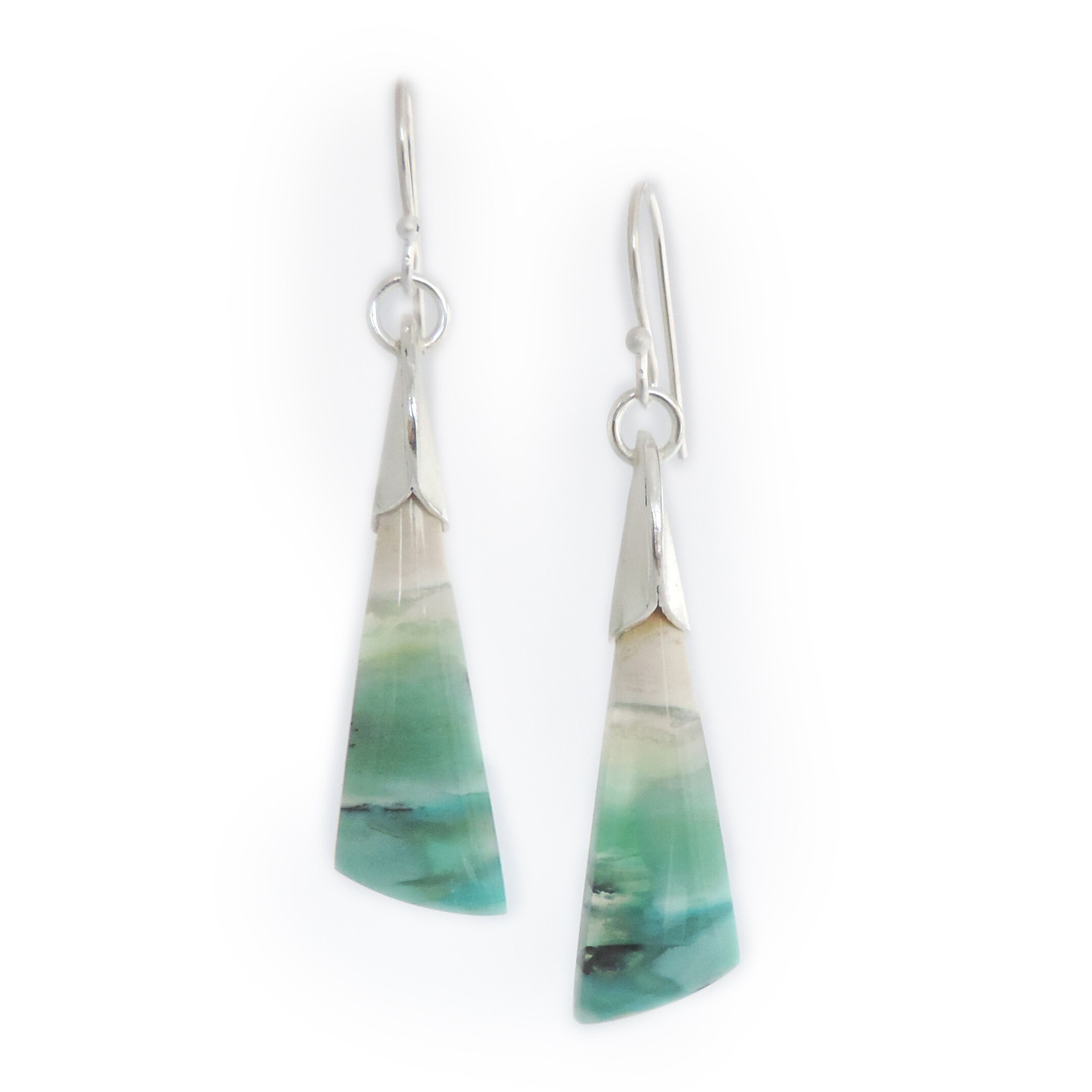 Opalized wood blue green wing earrings