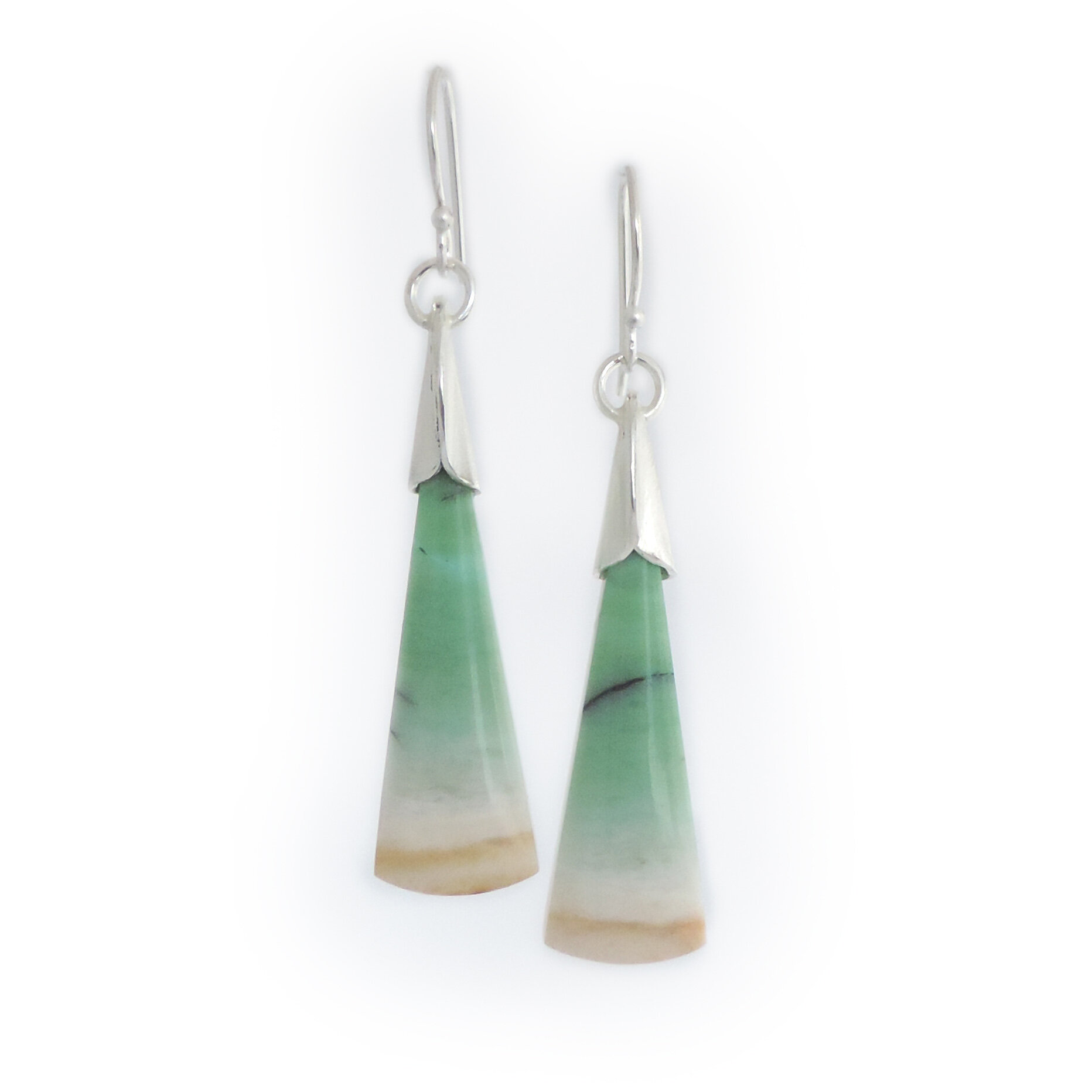 Opalized wood long fan earrings