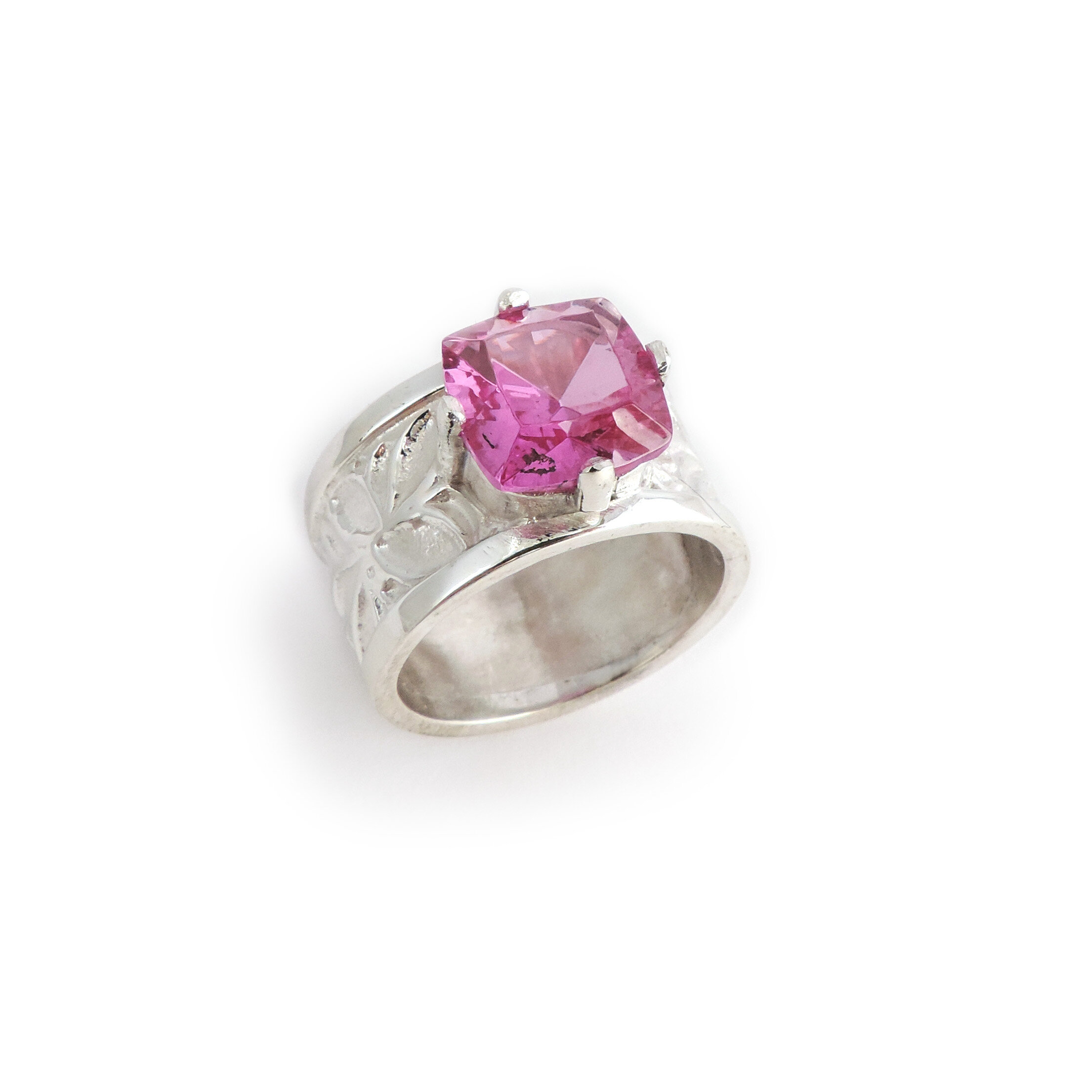 Synthetic Pink Sapphire Flower texture Ring