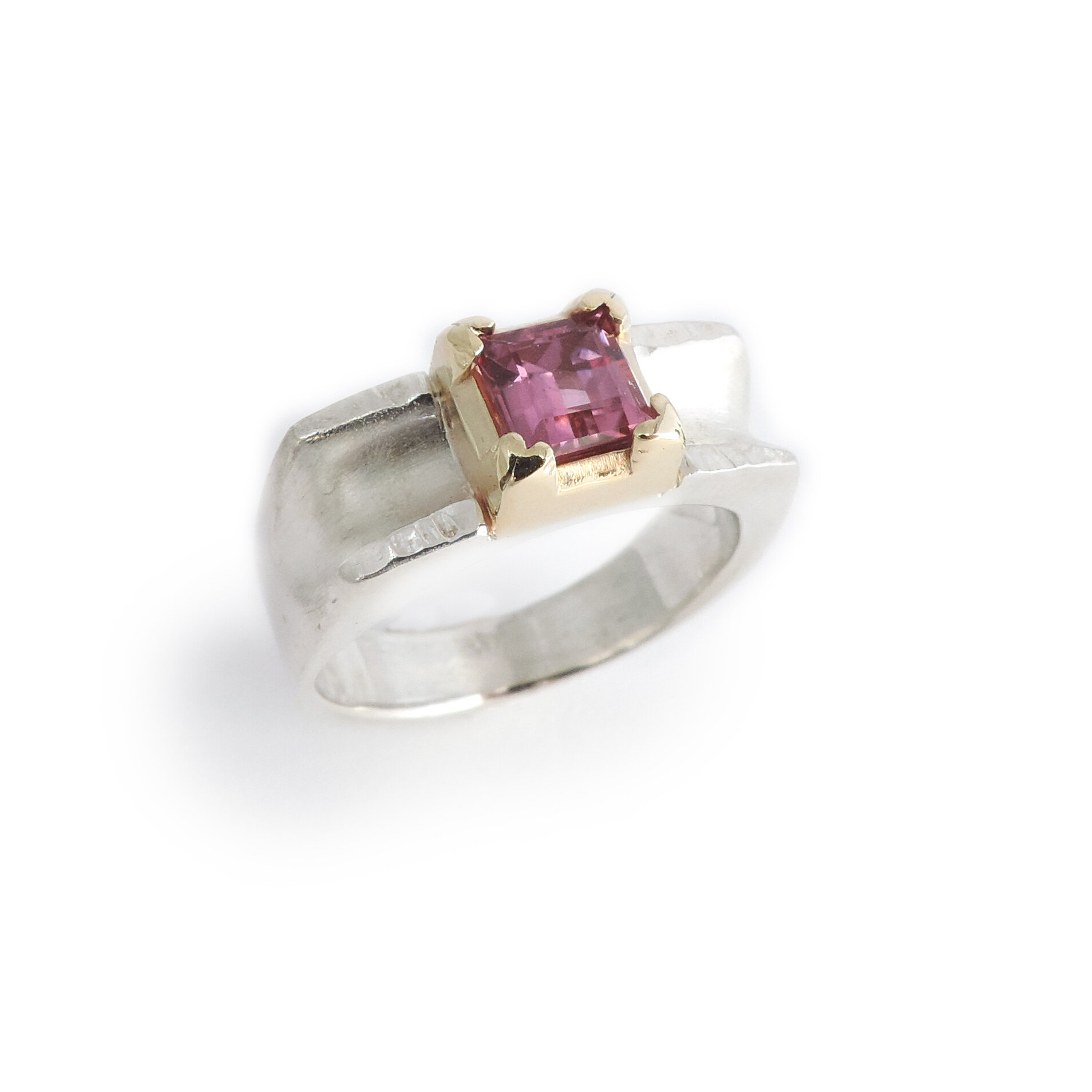 Princess cut Pink Tourmaline in 14k yellow gold