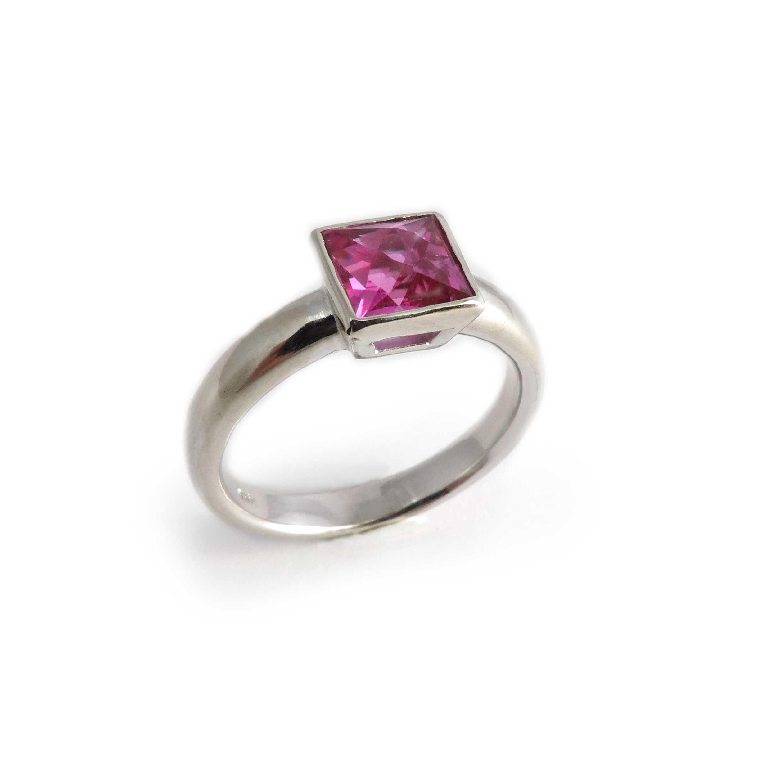 Princess Cut Pink Sapphire and 14k White Gold Ring 