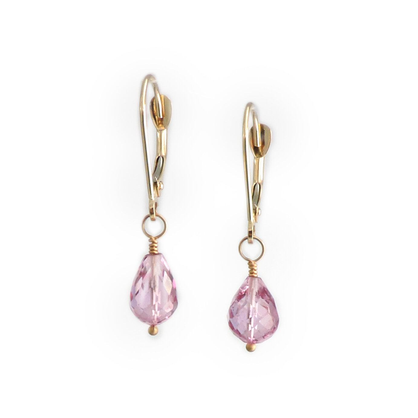 Pink Topaz briolette earrings in 14K gold