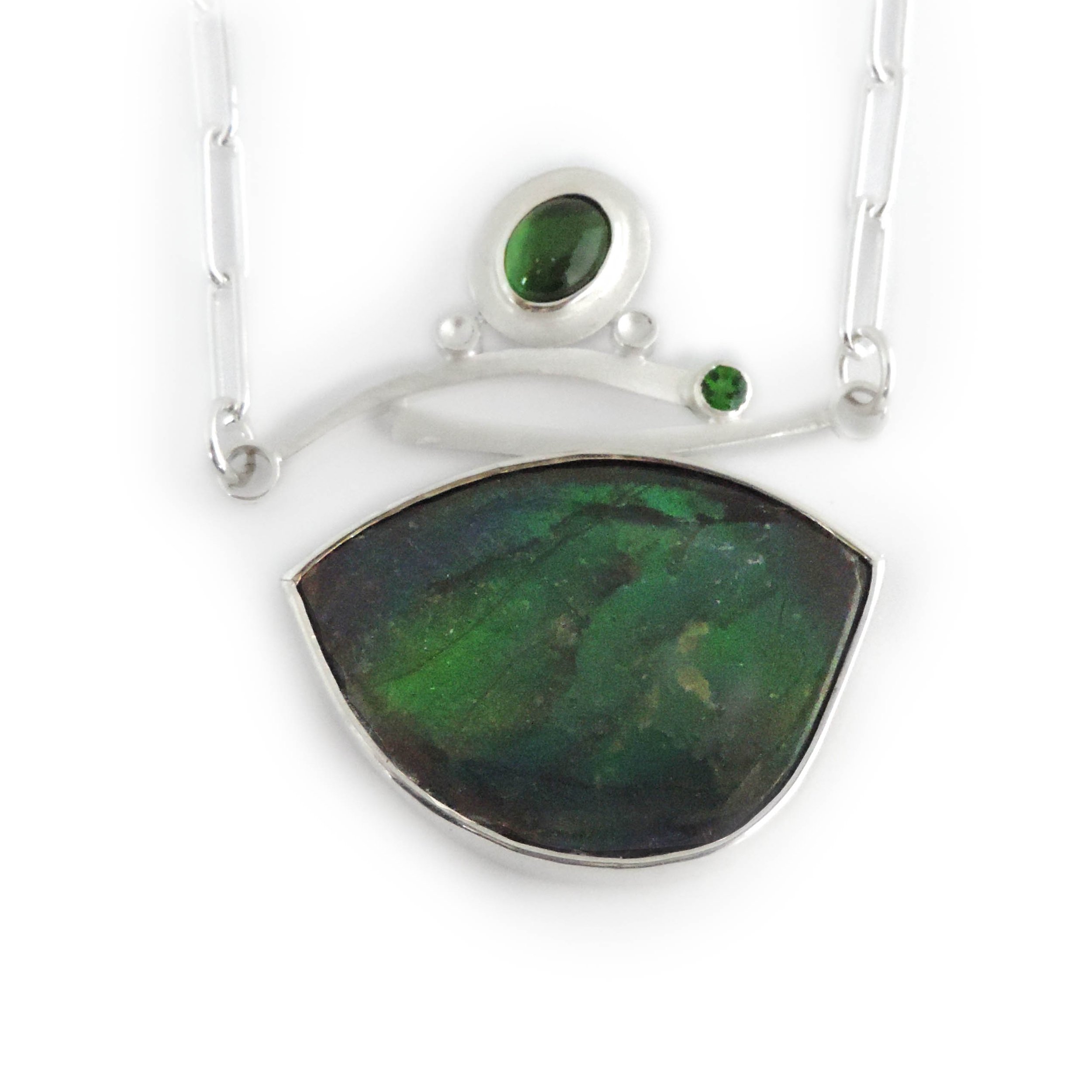 Ammolite, green tourmaline and chrome diposide pendant
