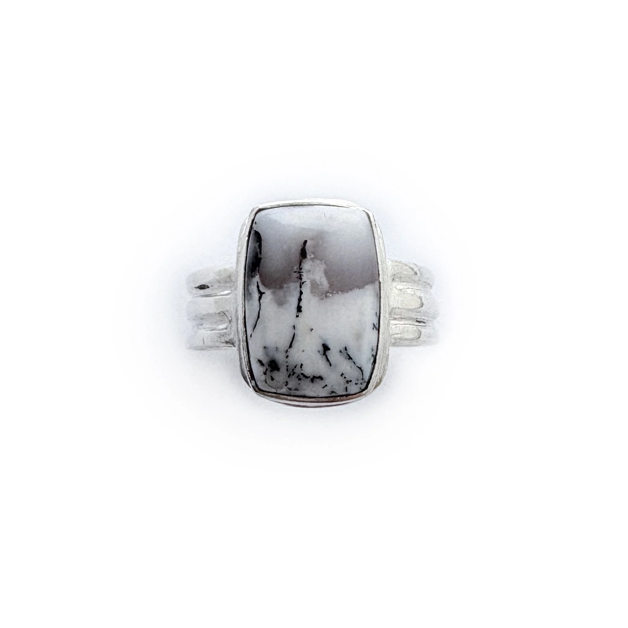 Cushion Cut Snowglobe Agate Three Band Ring