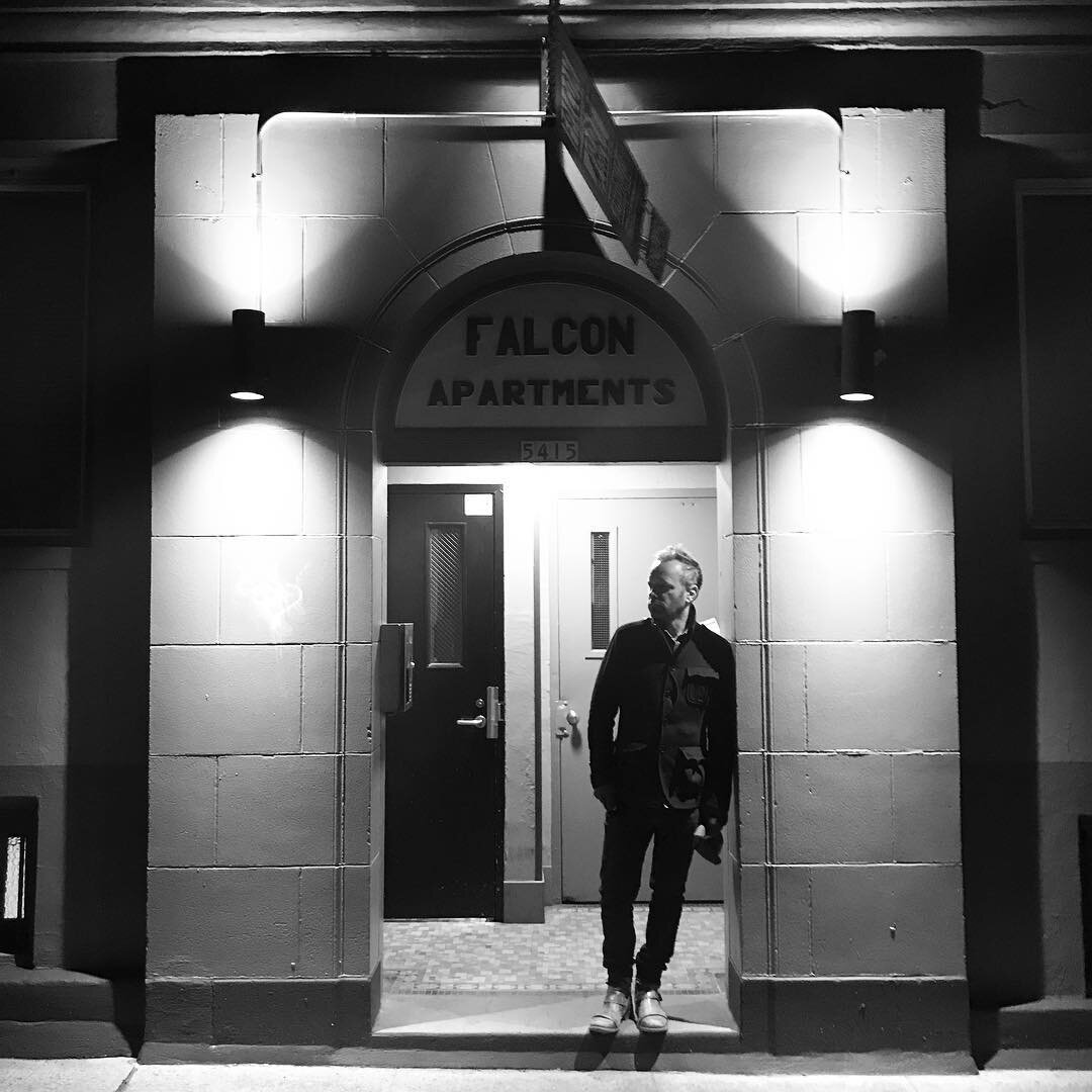 Arnold in Falcon Doorway. #artist #studio #night #street #city #bw #streetphotography #portland #albina #northportland #blackandwhite #iphonephotography