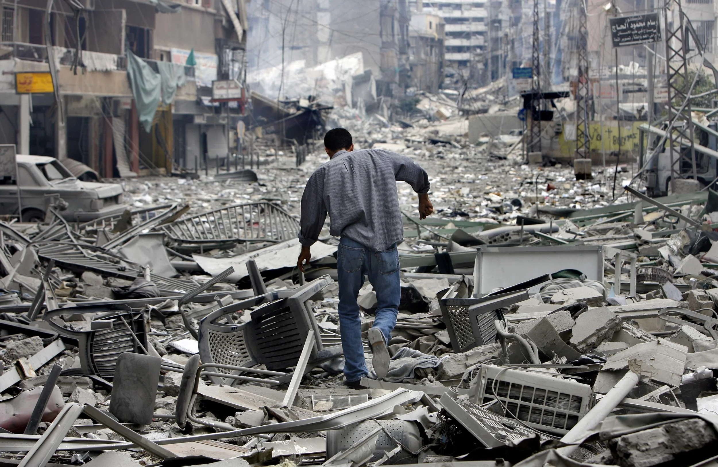 Rubble and chaos in Dahia, Beirut after weeks of sustained attack against Hezbollah by Israel. July, 2006.