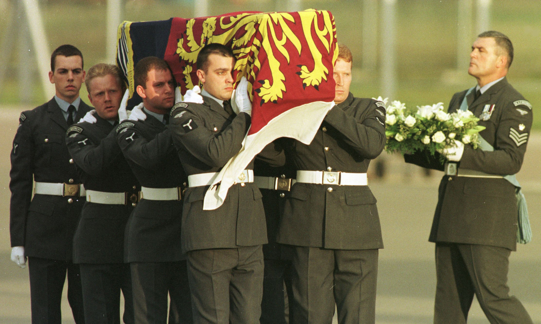 The coffin of Diana, Princess of Wales, at RAF Northolt, London, following her death in Paris. September, 1997.