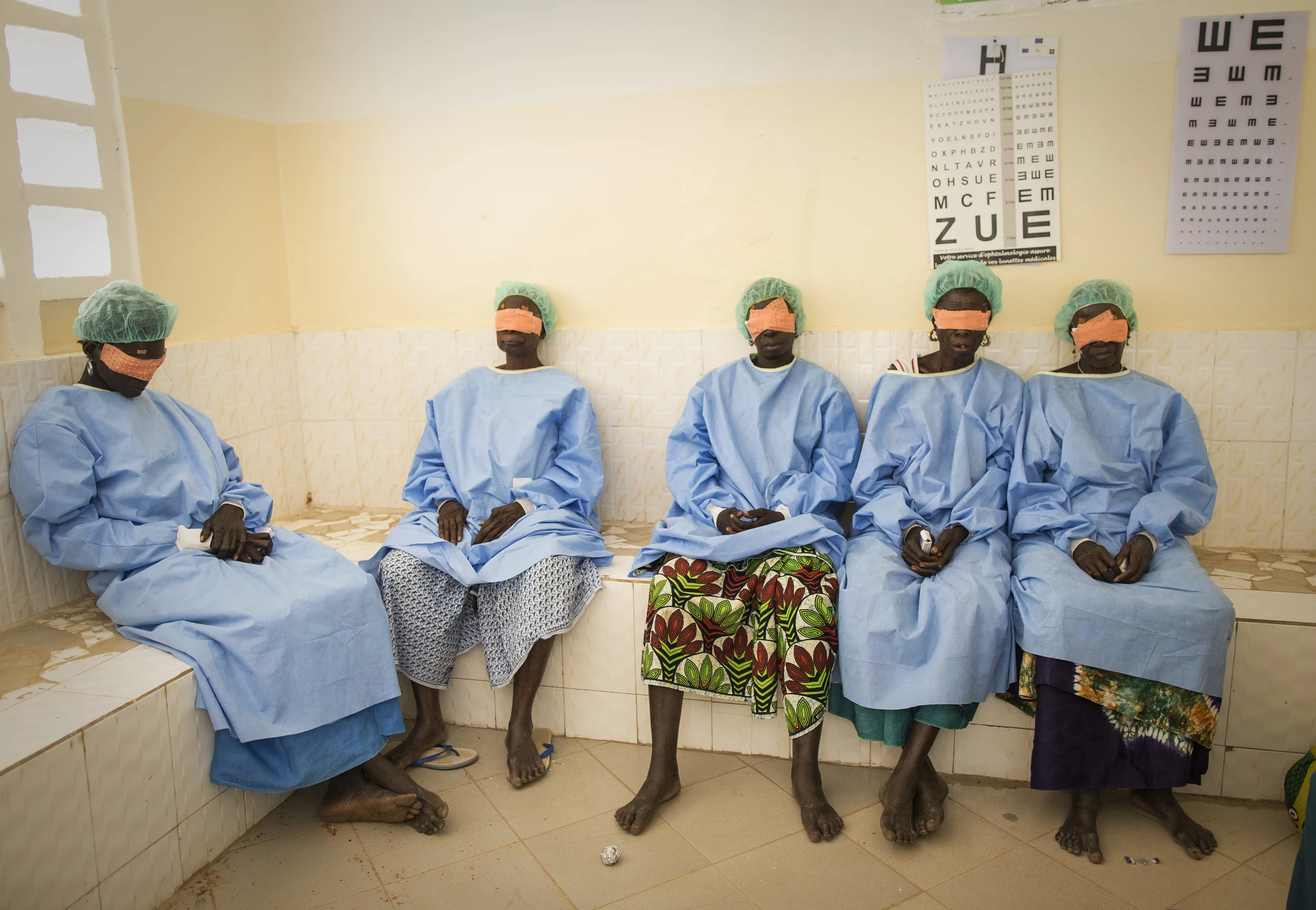  Trichiasis patients together post operations at Kaffrin eye clinic, Senegal. Operations made possible by the funding of 'Sightsavers'. November 2013. 