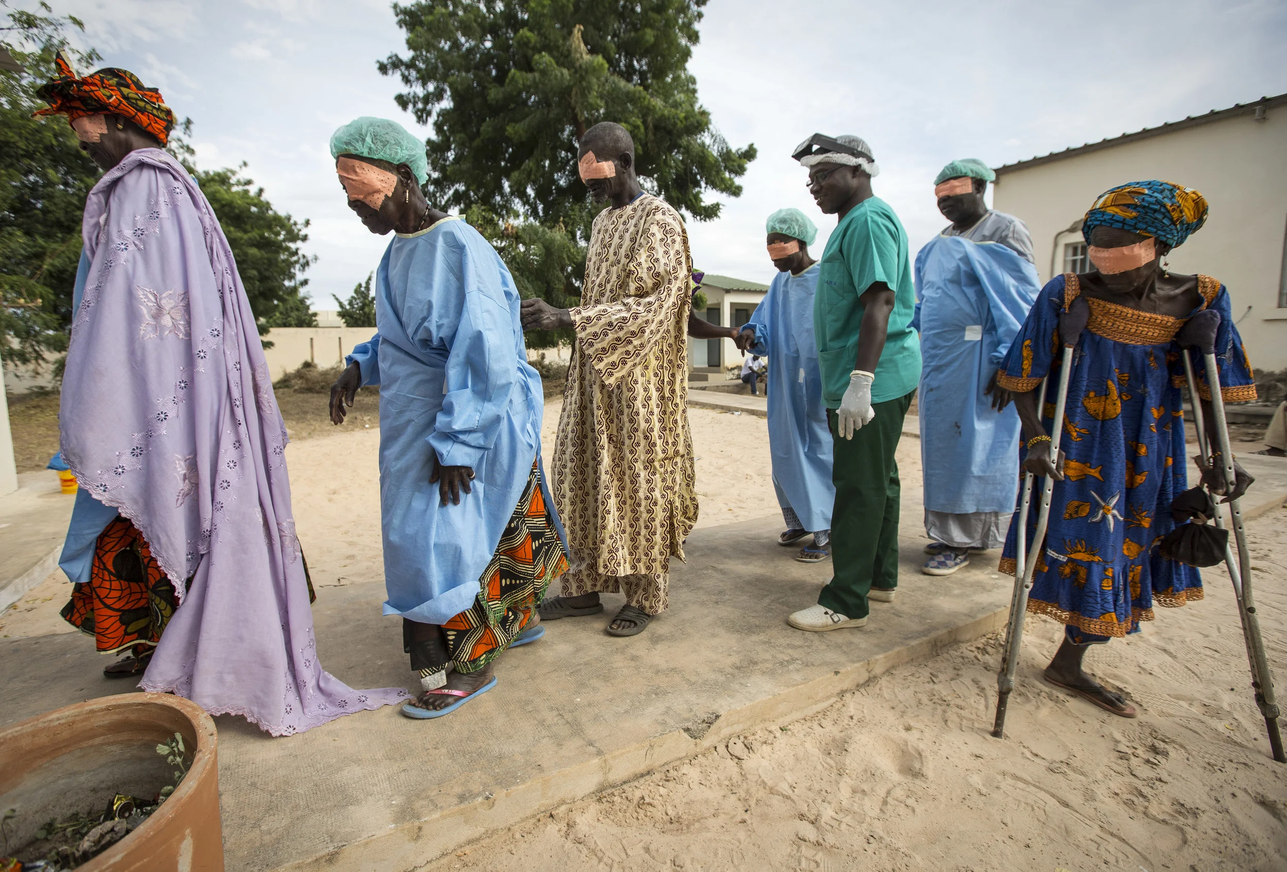  Trichiasis patients together post operations at Kaffrin eye clinic, Senegal. Operations made possible by the funding of 'Sightsavers'. November 2013. 