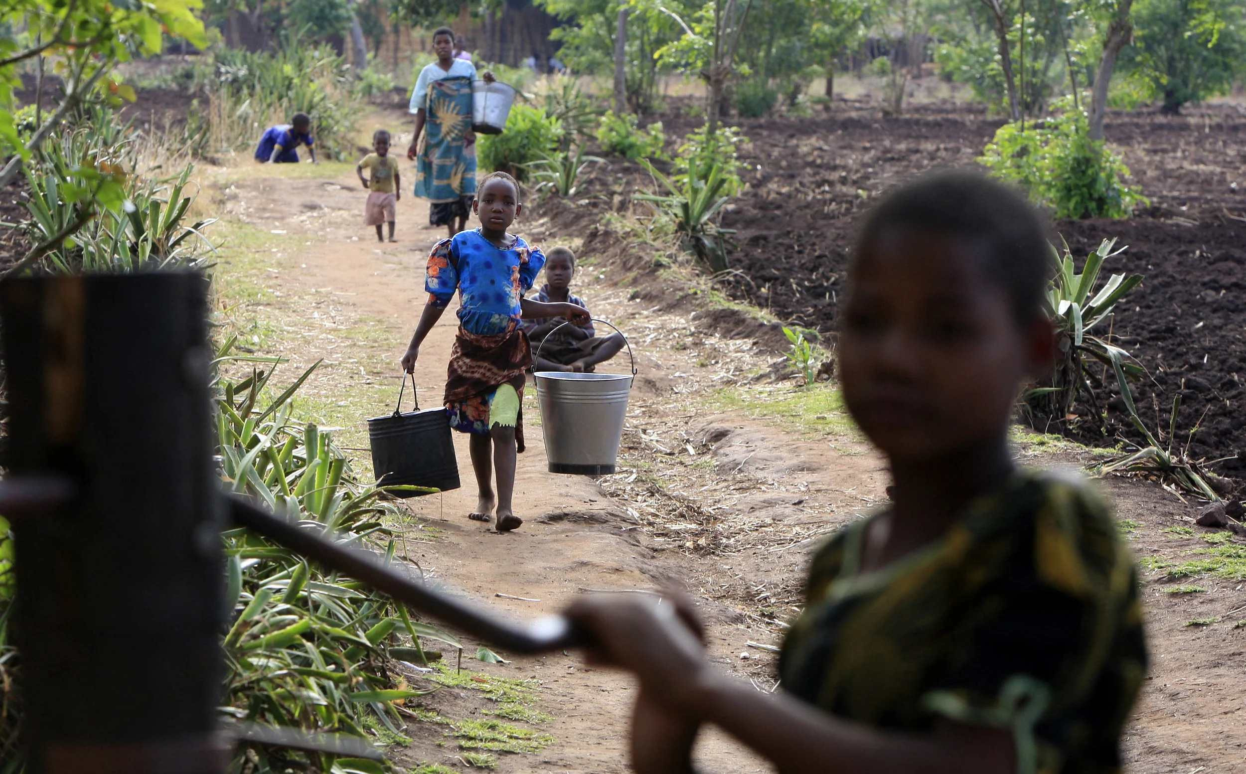  Girls from the village of Mwachilolo, Malawi, head to the 'Pump Aid' Elephant water pump. &nbsp;November 2008. 
