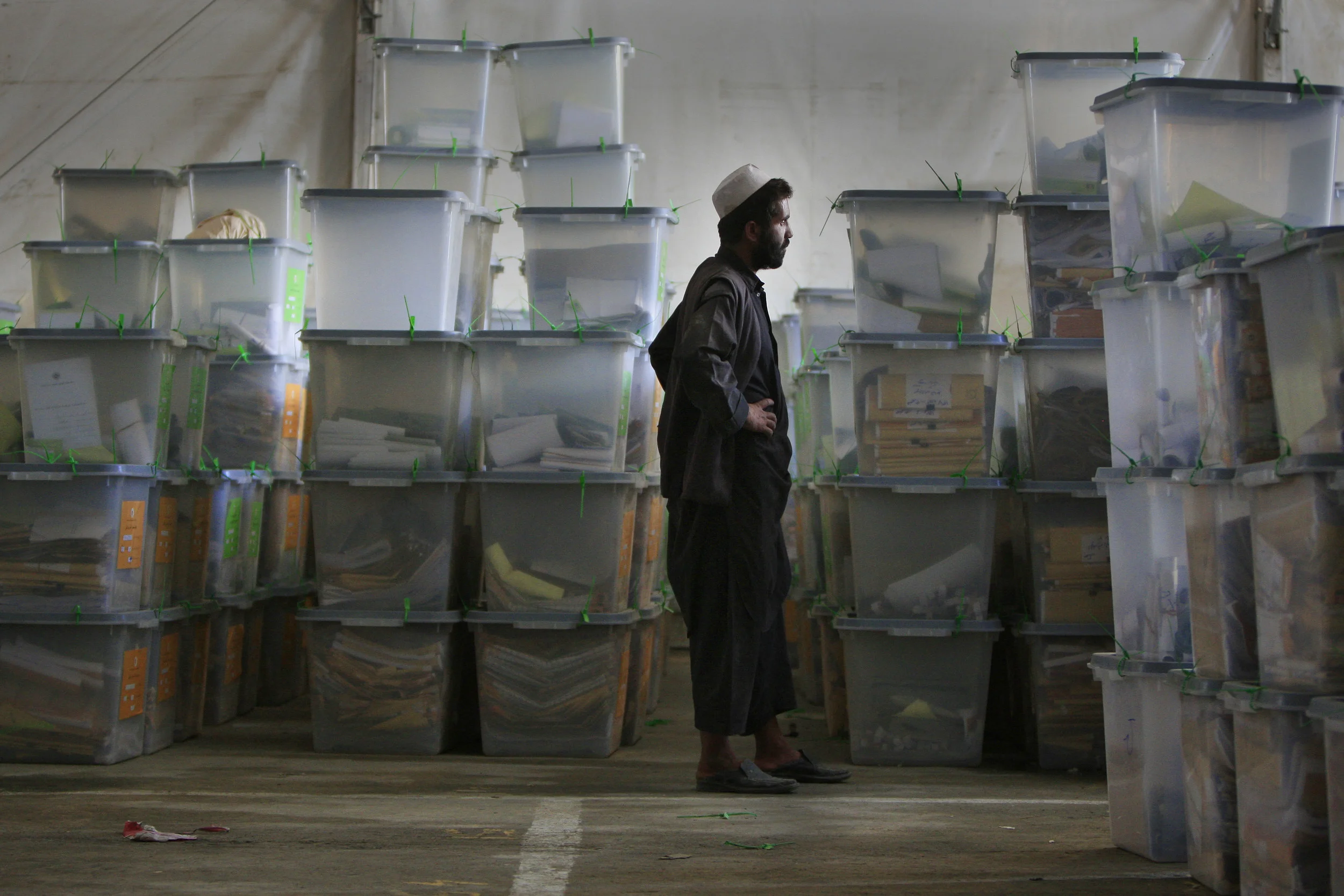  Ballot boxes at the Independent Election Commission's storage facility, prior to vote counting, Kabul, Afghanistan, 2009. 
