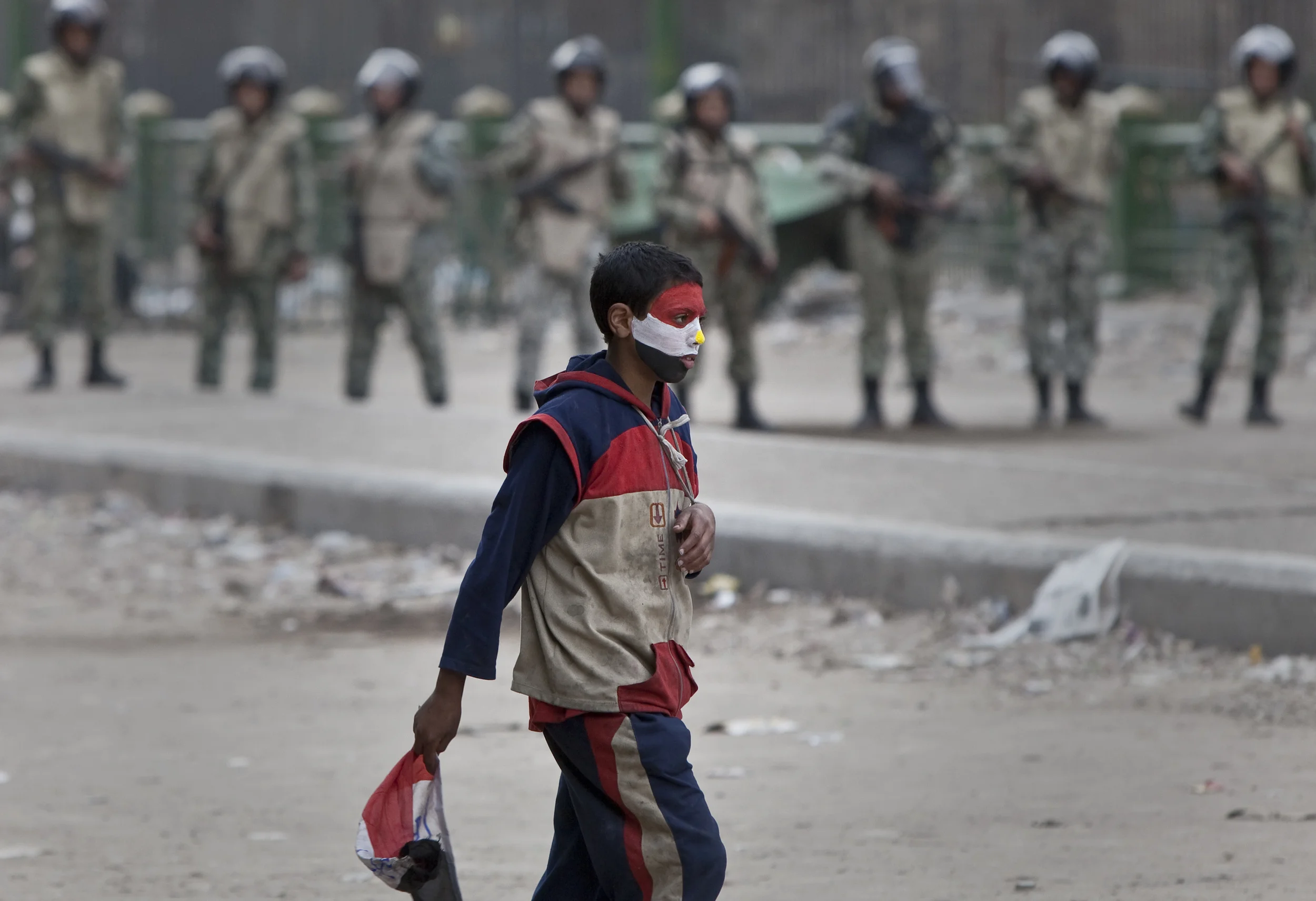  A lone anti Mubarak protester during a lull in the rioting in Cairo's Tahrir square, 2011. 