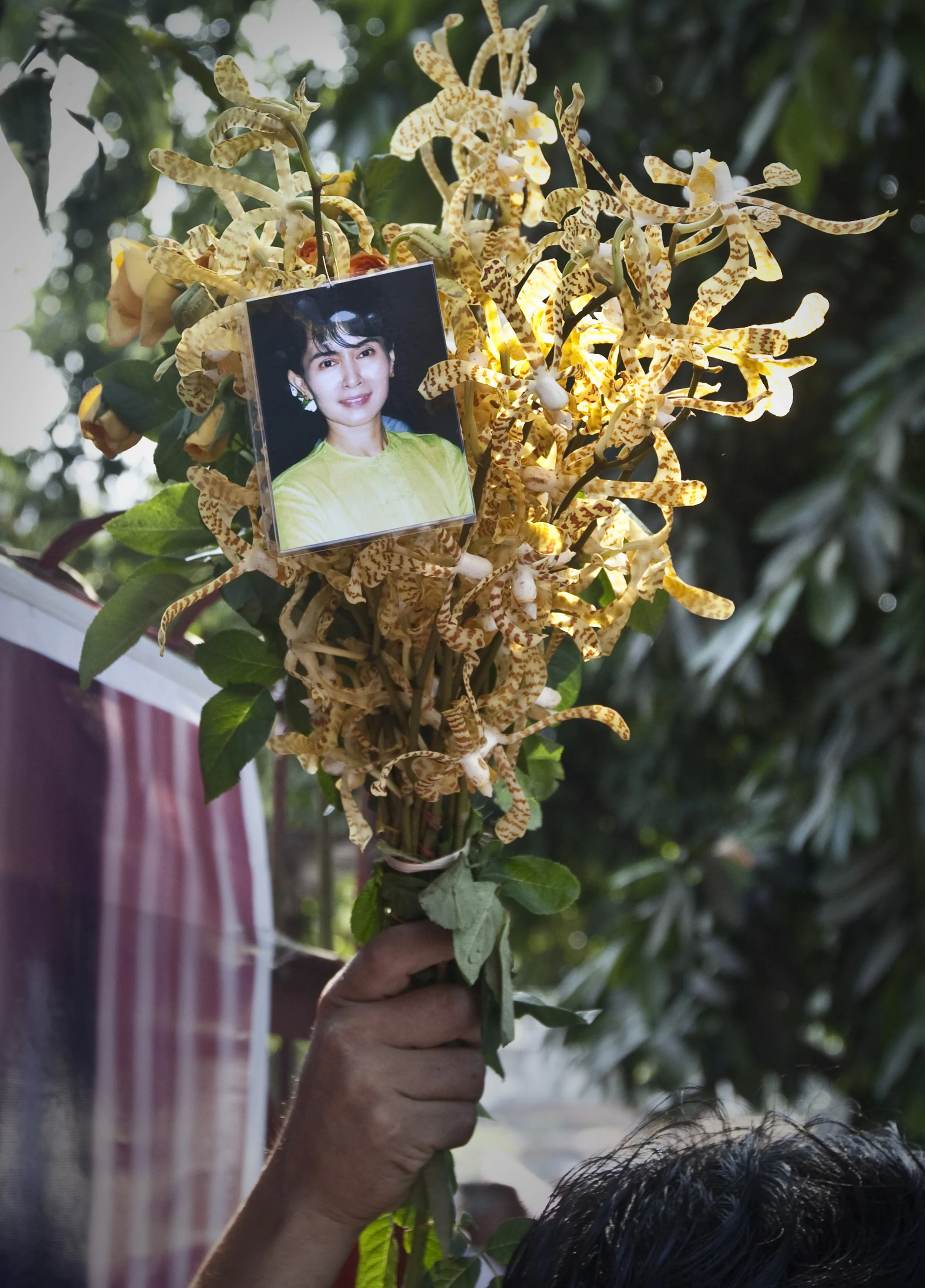 A picture of Aung San Suu Kyi attached to flowers as she spoke to supporters after being released from 15 years under house arrest. Rangoon, 2010.