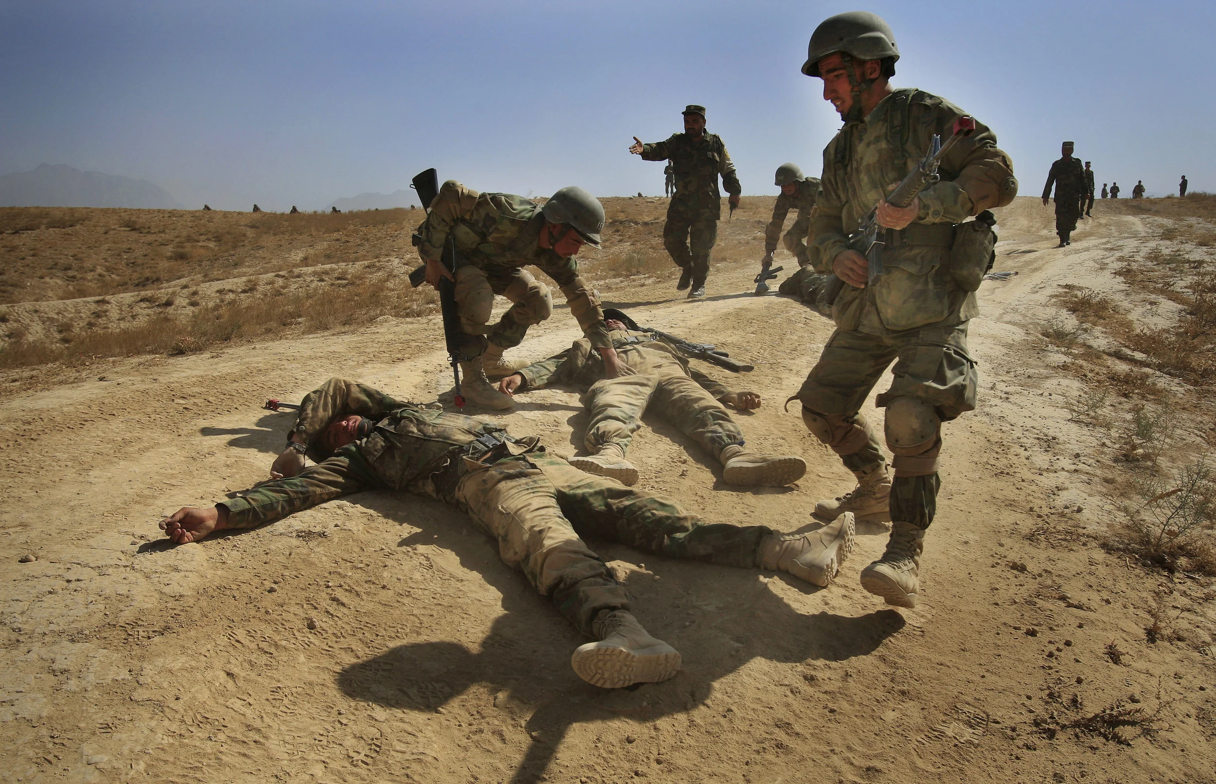 Afghan National Army recruits undergo a casualty rescue drill as part of their training for active duty. Kabul Military Training Centre, October 2009.