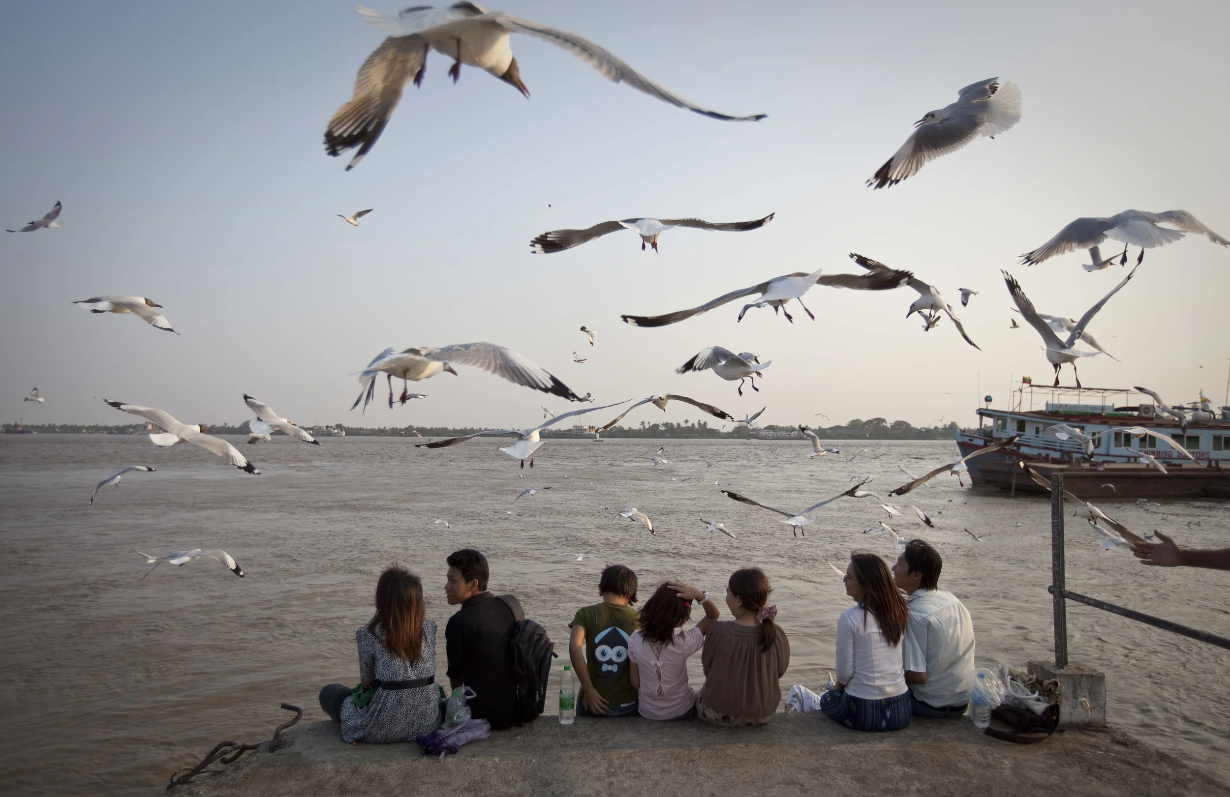  On a jetty by the river Yangon in Rangoon, young couples sit feeding birds at sunset, just days before Burma's free elections. March 2012. 