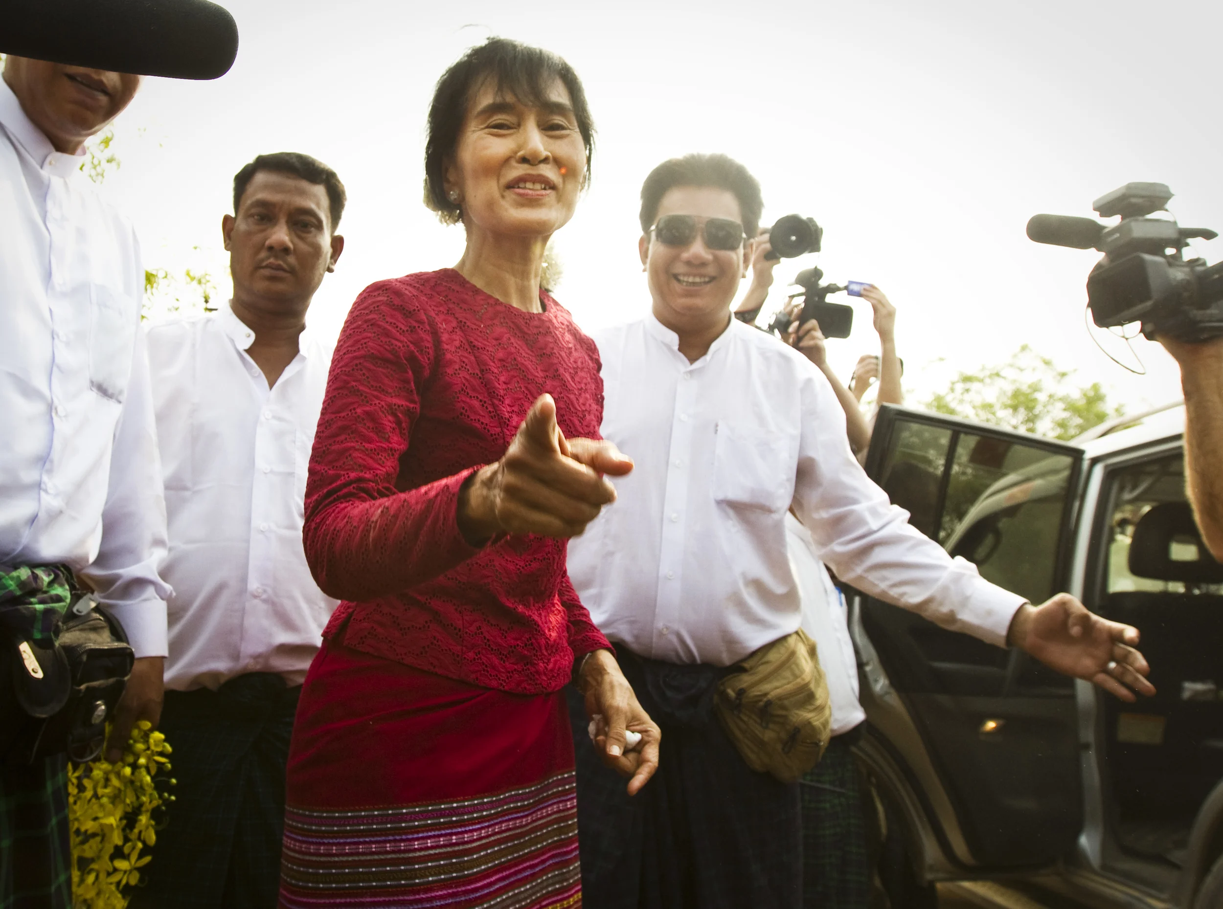  Aung San Suu Kyi in her constituency on polling day in Burma's parliamentary elections....pointing to the author of this picture as he emerged from falling into a ditch in front of her....April 1, 2012. 