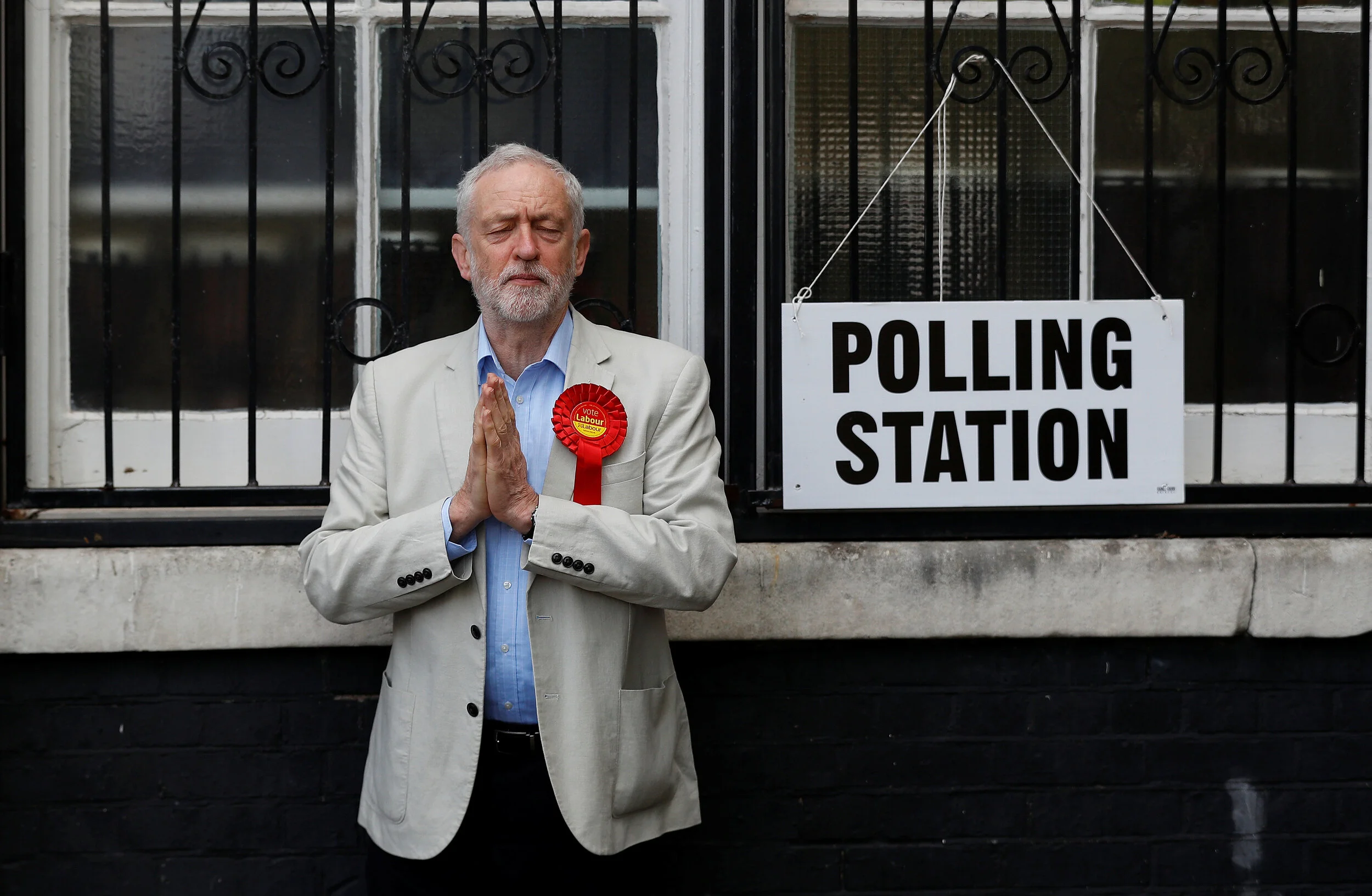  Britain's Labour Party leader Jeremy Corbyn gestures after voting in local government elections in London, Britain, May 3, 2018 