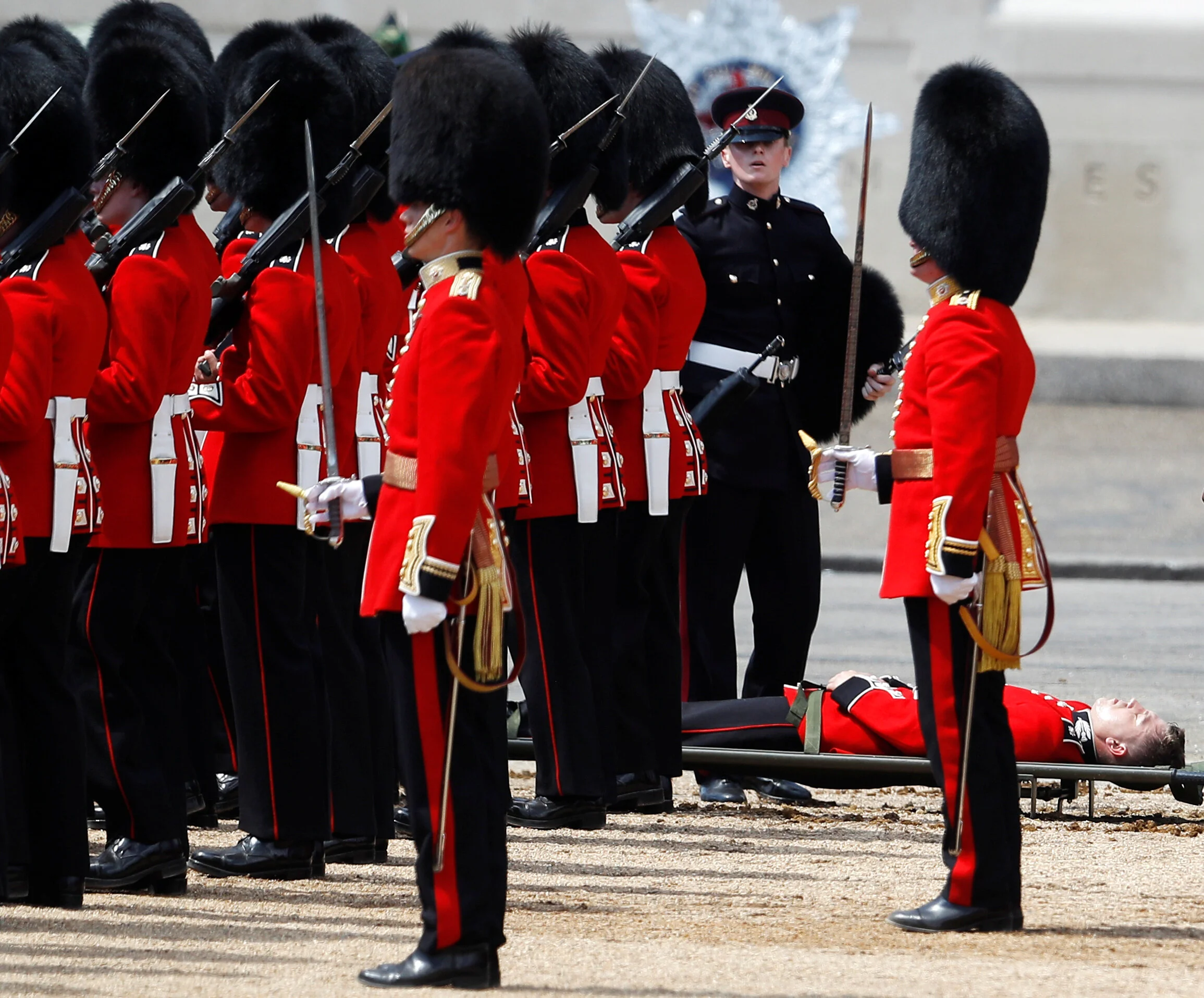  A guardsmen lies on a stretcher during Trooping the Colour in London, Britain, June 17, 2017 