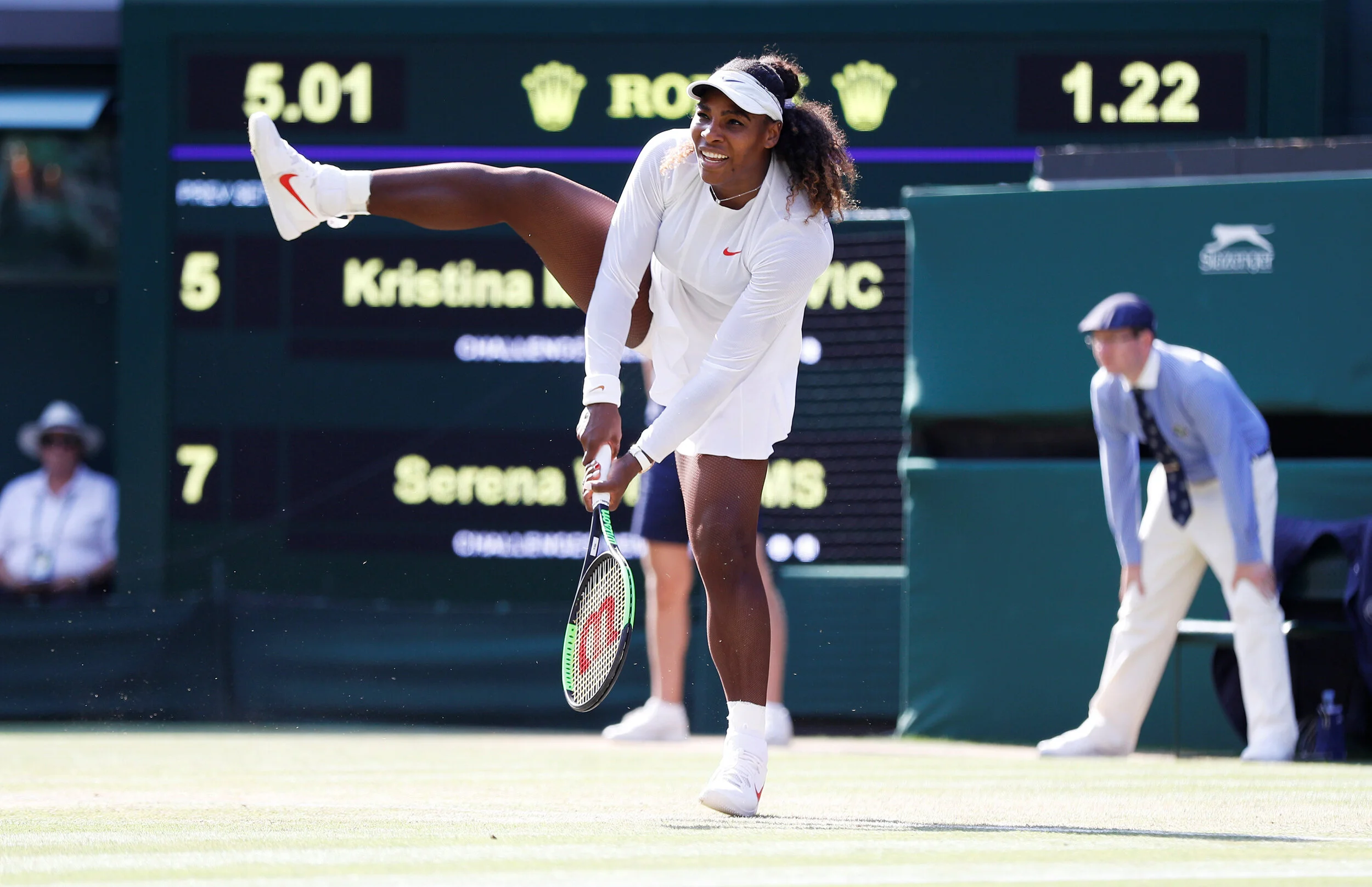  Serena Williams of the U.S. reacts during the third round match against France's Kristina Mladenovic. Wimbledon - All England Lawn Tennis and Croquet Club, London, Britain - July 6, 2018. 
