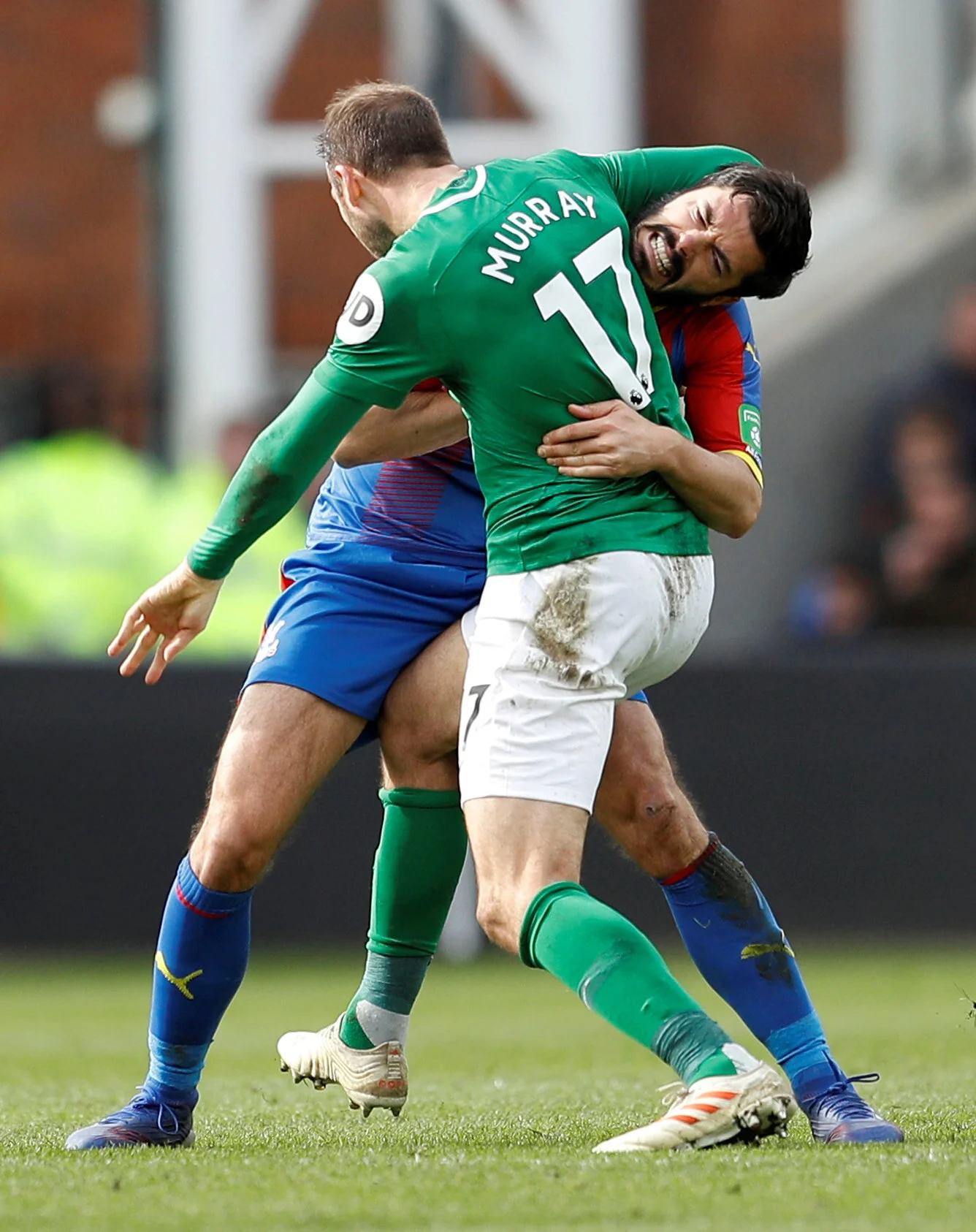  Crystal Palace's James Tomkins in action with Brighton's Glenn Murray at Selhurst Park, London, Britain. March 9, 2019        