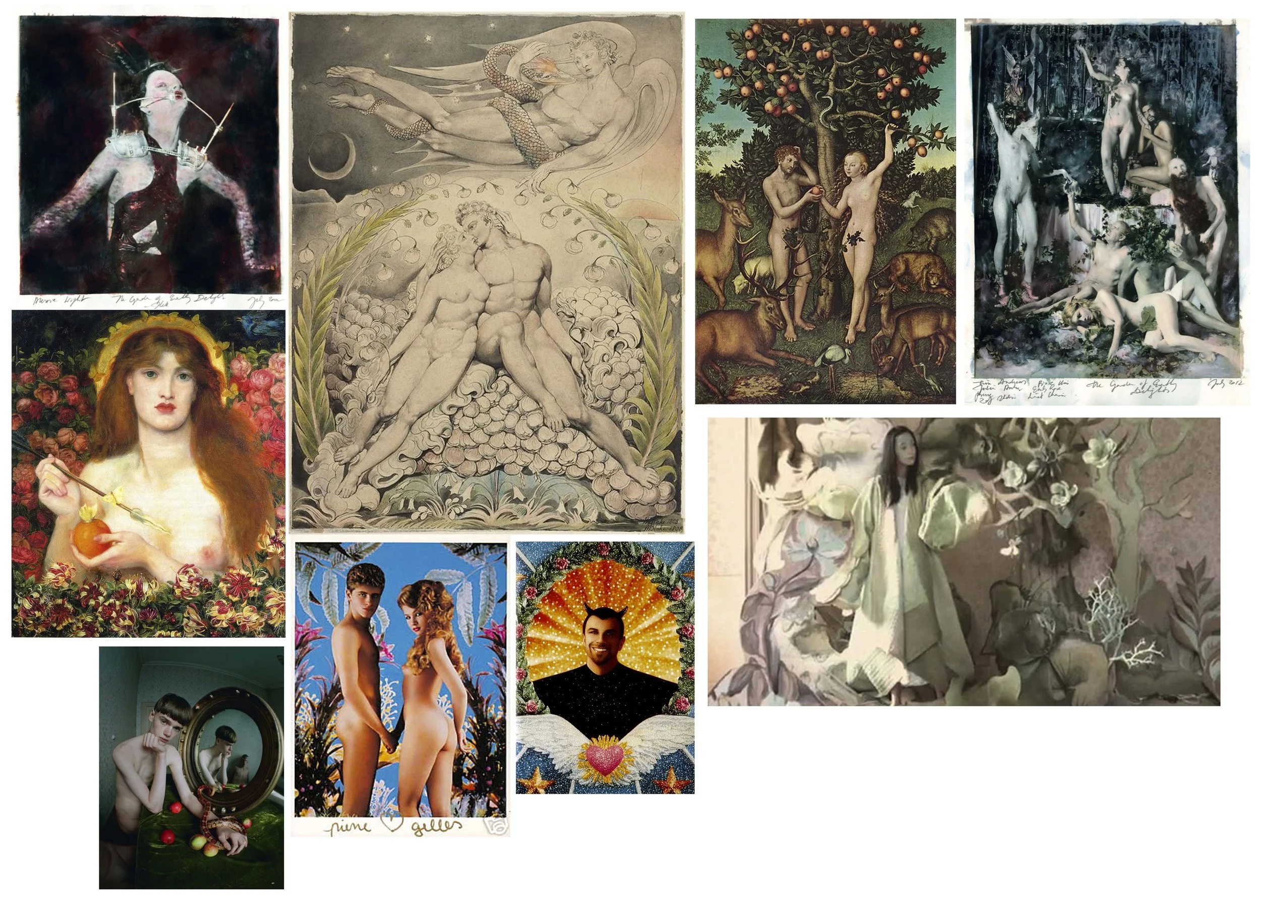 This was my moodboard. Clockwise from top left: Paulina Otylie Surys, William Blake, Lucas Cranach the Elder, Paulina Otylie Surys, Tim Walker, Pierre et Gilles, Pierre et Gilles, Tim Walker, Dante Gabriel Rossetti.