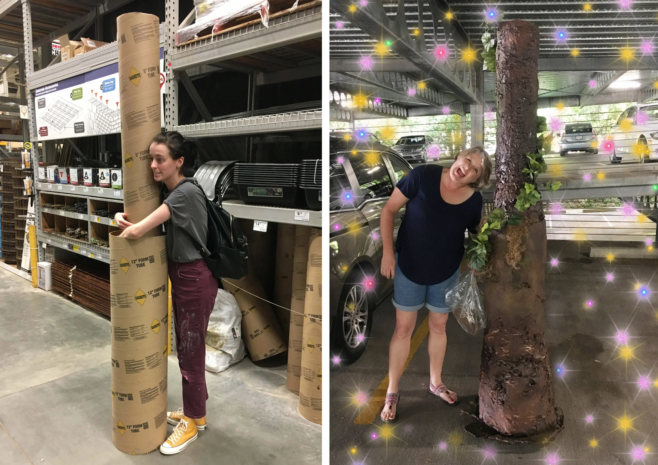 Left: Me, a finals week trash baby, in Lowe's with the concrete tubes pre-tree magic. Right: Mom with her masterpiece!!!!!! We decided to do the tree in two parts so that it would fit in my car.