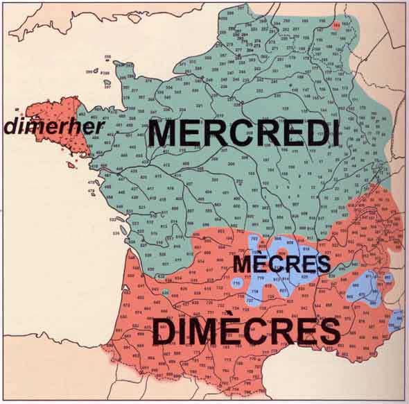  l' Atlas linguistique de la France published from 1902 to 1920 by J. Gilliéron and E. Edmont – added colors from the version in Lectures de l'Atlas linguistique de la France de Gilliéron et Edmont. Du temps dans l'espace , published in G. Brun-Trigaud, Y. Le Berre & J. Le Dû (2005)