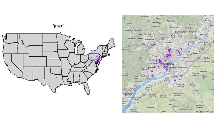 Philly's famously local word, "jawn," mapped on Twitter. Some of the unexpected points, on closer investigation, are people originally from Philadelphia. The two in Florida are someone referring to a friend named Jawn.