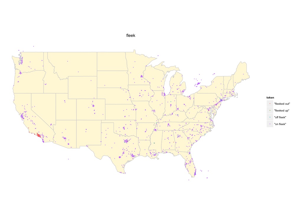 Geocoded tweets using variations of fleek . Toronto, you're not fooling anyone.