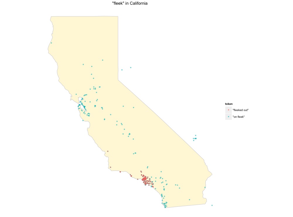 Geocoded tweets using "fleek" in California. Las Vegas, you're not fooling anyone.