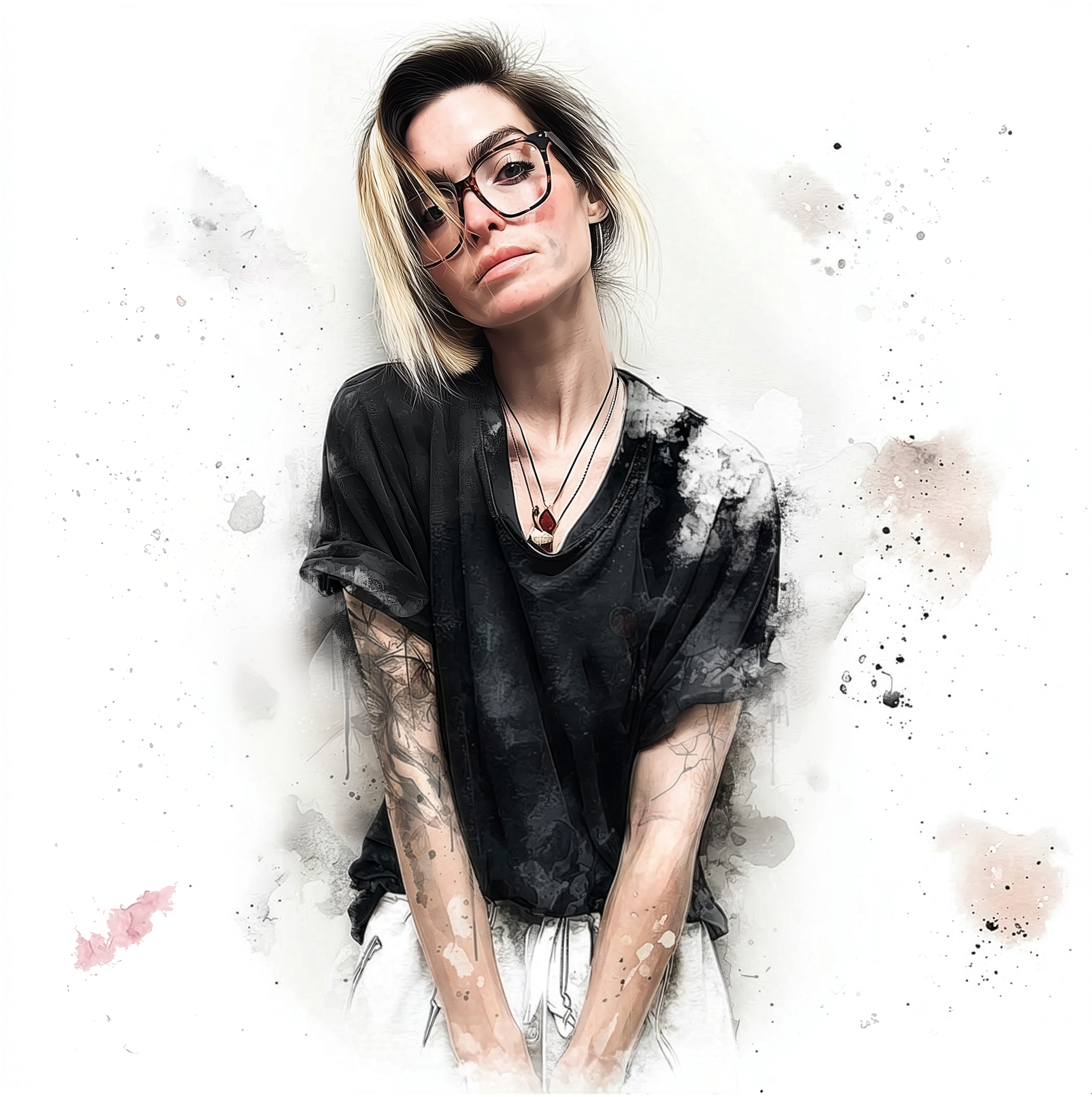 A woman with black and blonde hair wearing glasses, a leather jacket, and layered necklaces. She has tattoos on her arm and is posing against a white background with artistic watercolor splashes.